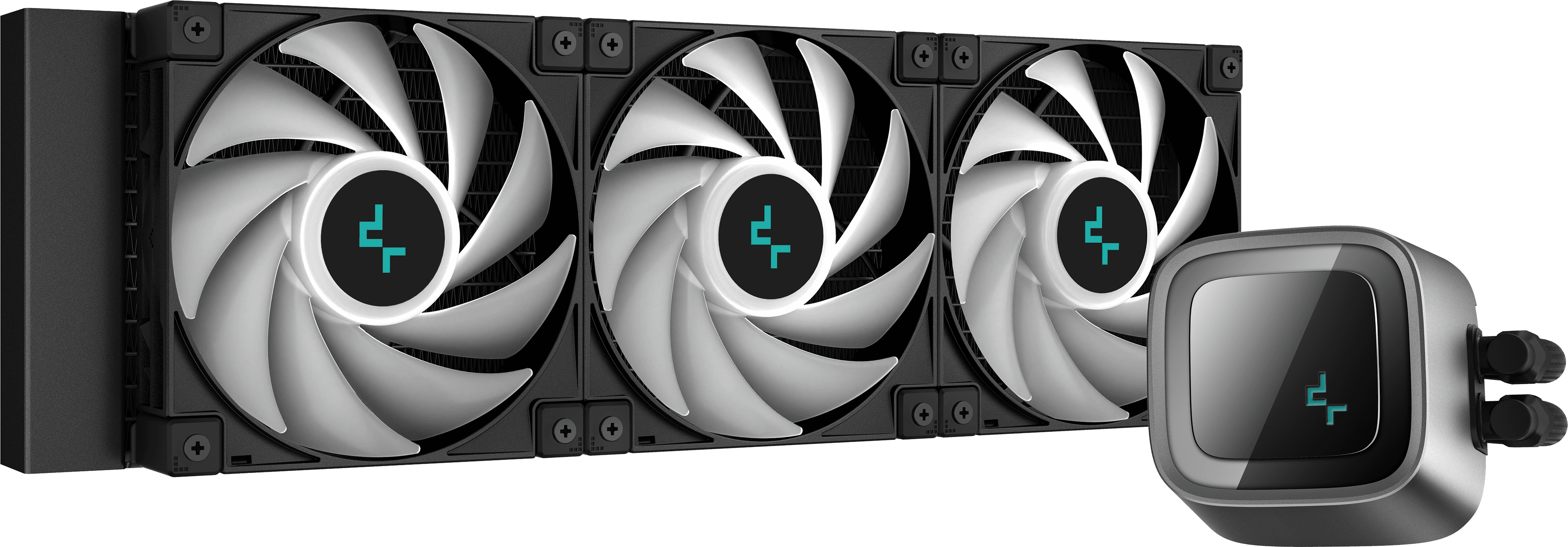 Egy DeepCool CPU folyadékhűtő rendszer három fehér ventilátorral a fekete radiátoron és egy kis szivattyúval.