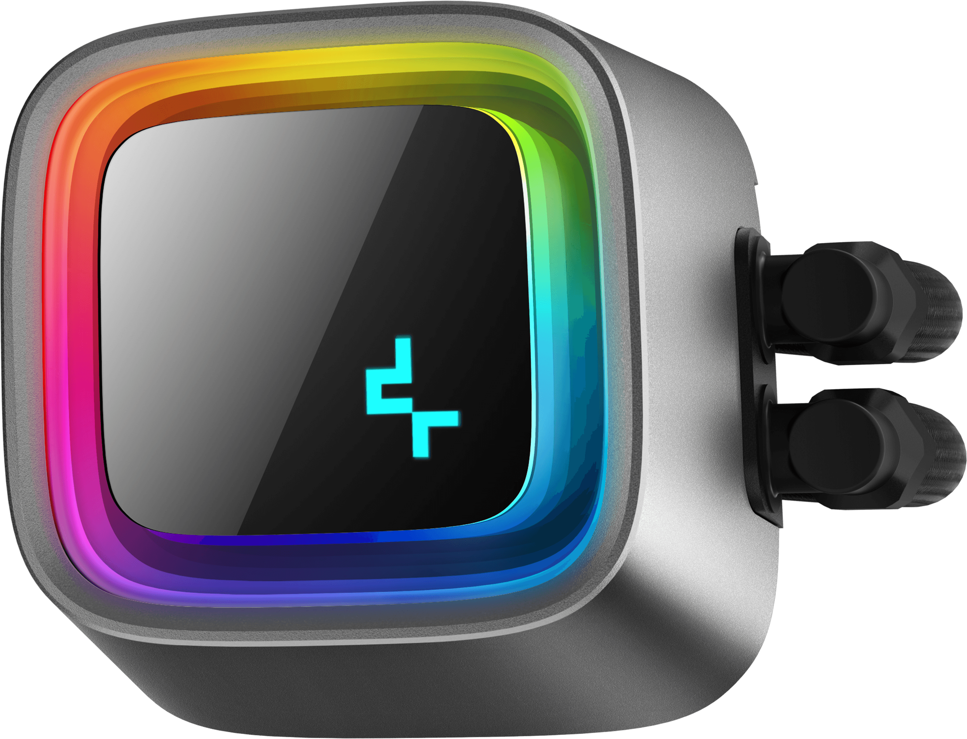 Egy eszköz közeli képe kijelzővel és RGB fénygyűrűvel.
