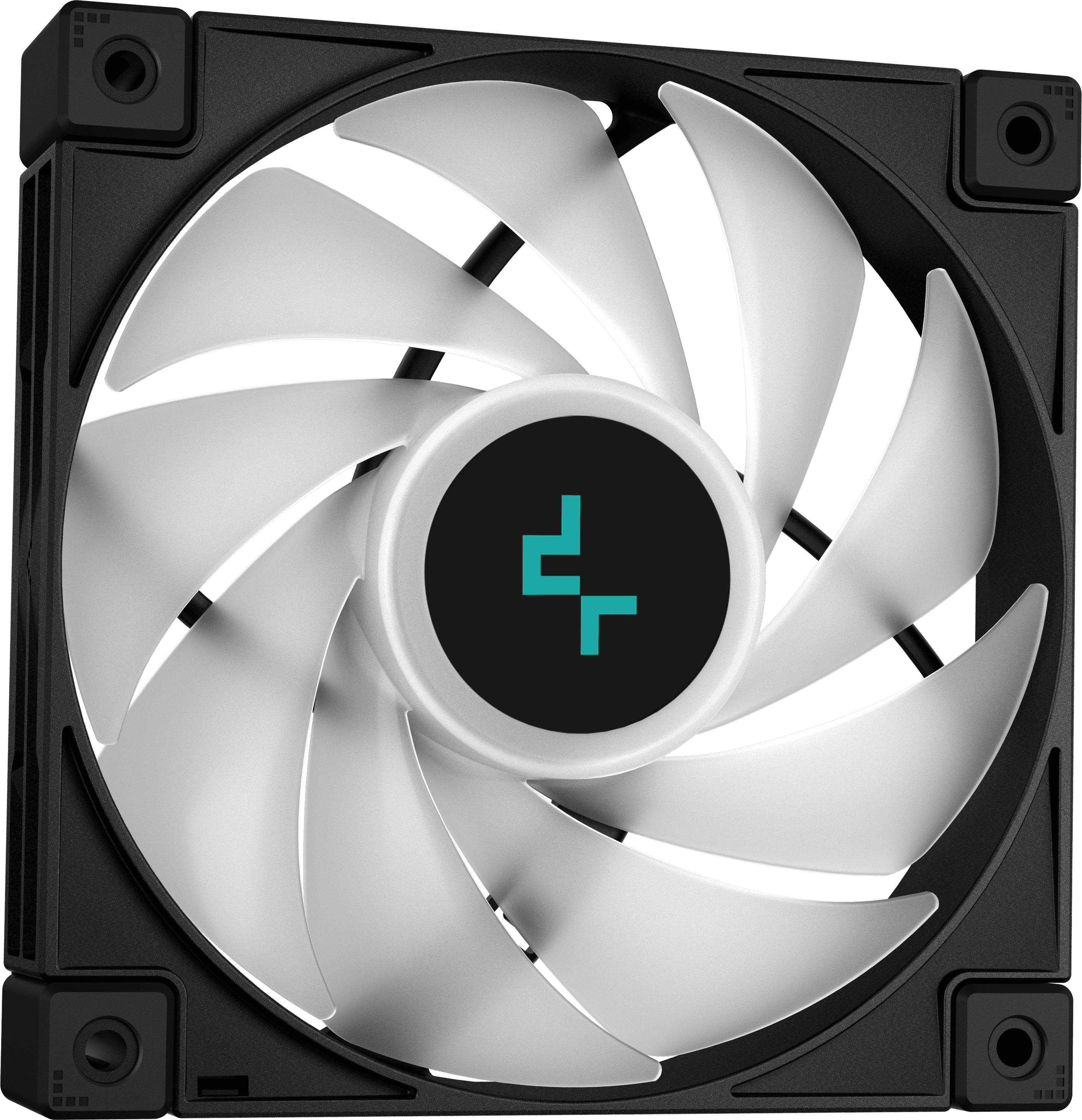 Fekete CPU-ventilátor ezüst pengékkel, türkiz logóval a közepén. Fekete háttér.