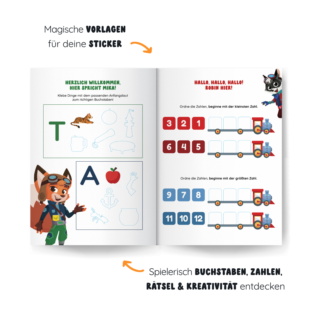Offenes Buch mit Zeichnungen von Buchstaben, Zahlen und Zügen. Ein Cartoon-Fuchs ist sichtbar.