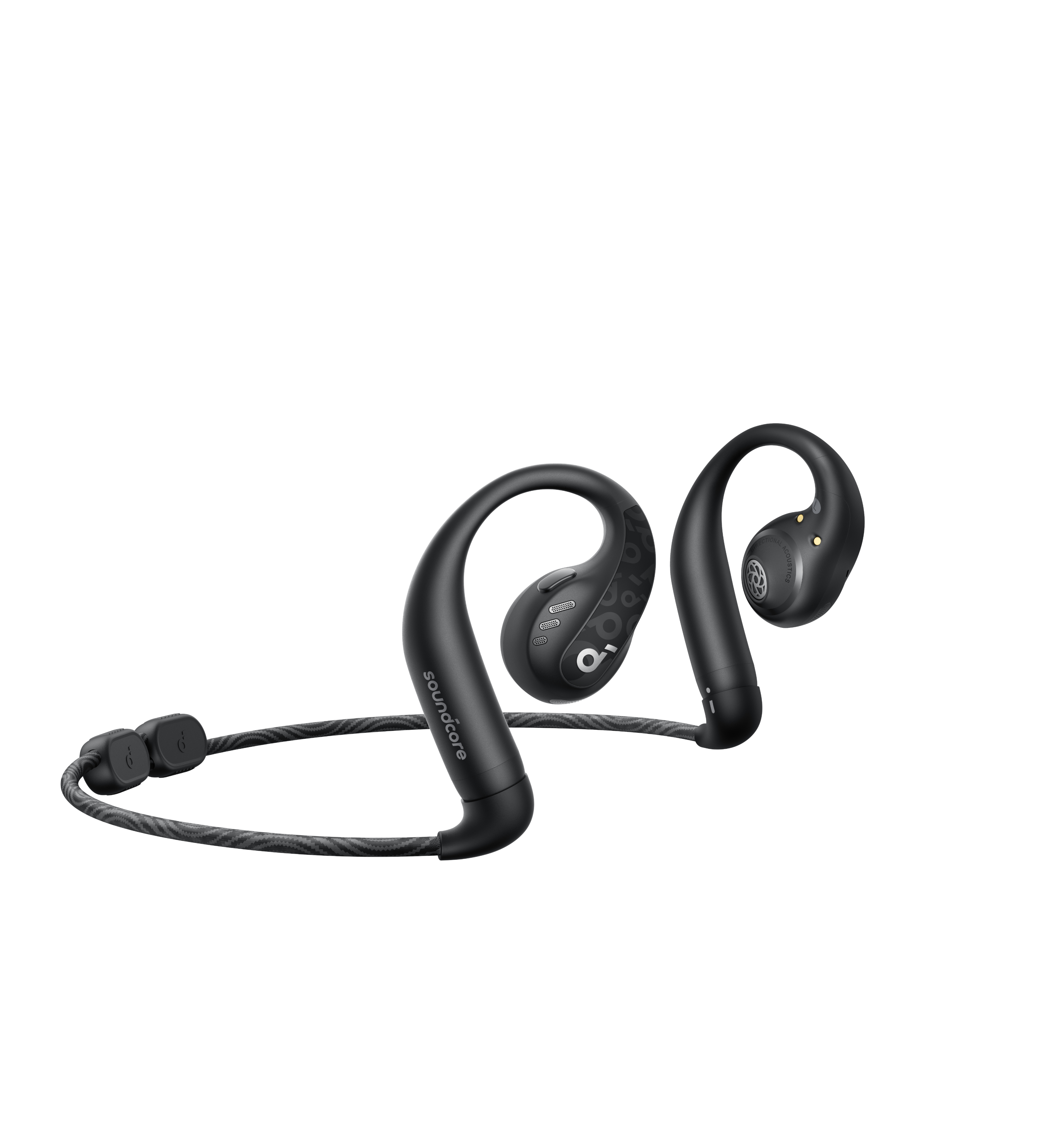 Schwarze kabellose Soundcore-Ohrhörer mit Ohrbügeln und Nackenband, auf Weiß.