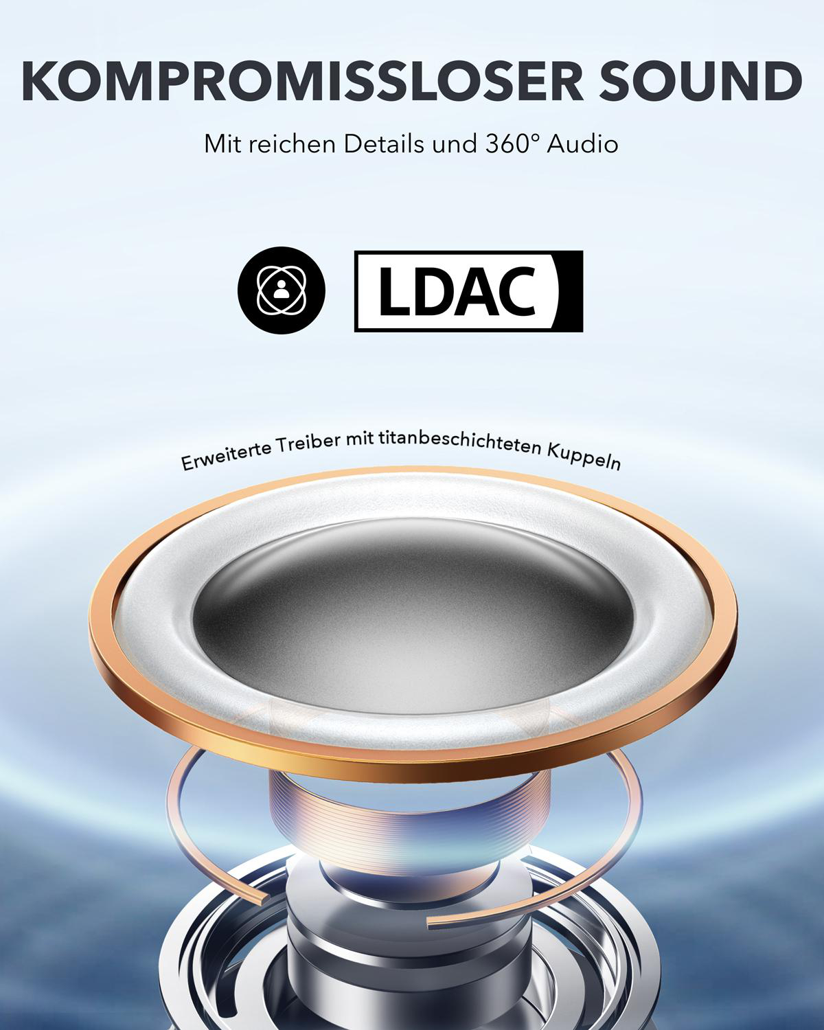 Nahaufnahme einer Lautsprecherkomponente mit Text über Sound und LDAC-Logo.