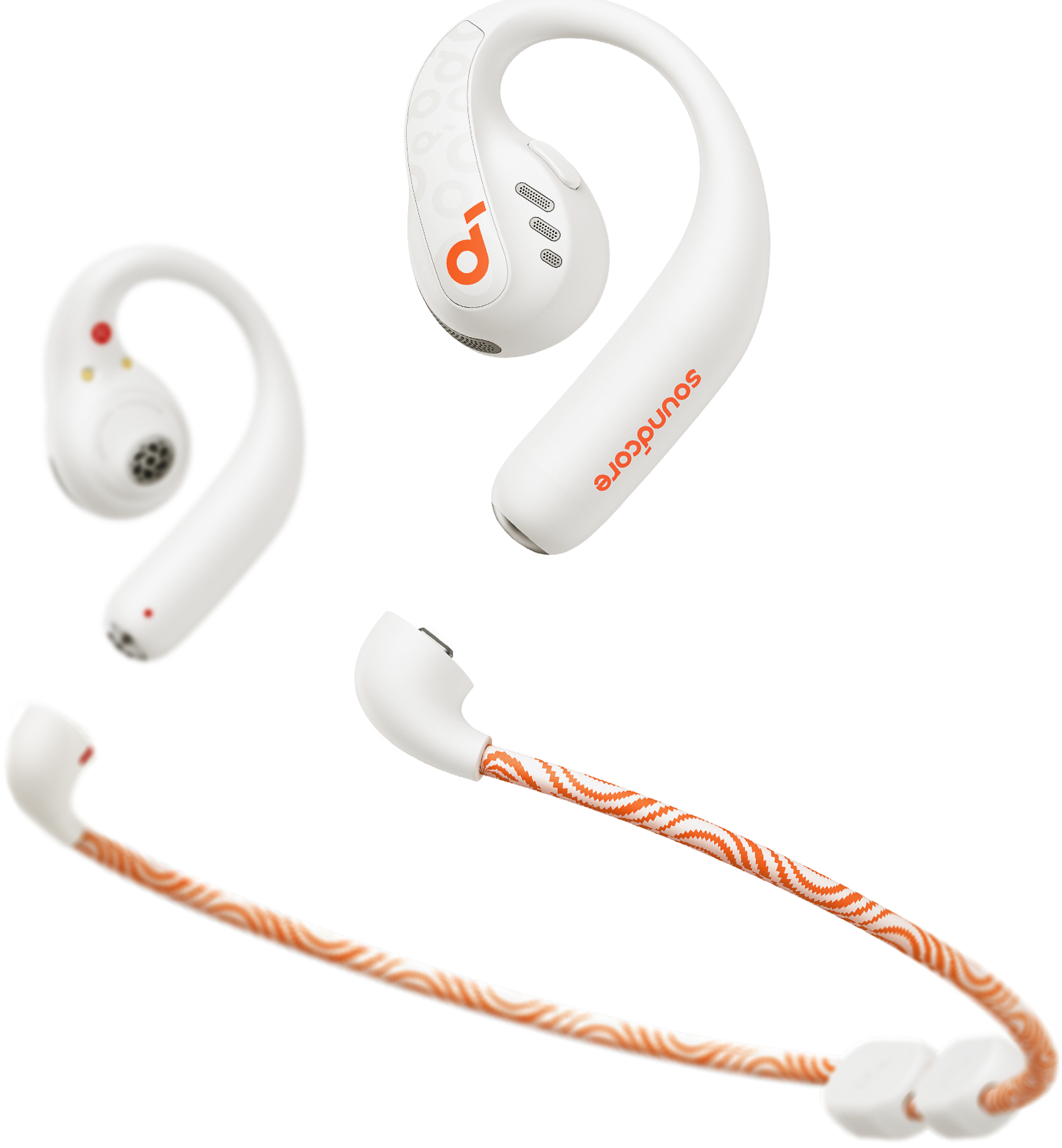 Weiße Soundcore-Ohrhörer mit orangefarbenen Akzenten, einer mit orangefarbenem Kabel. Verschiedene Winkel.