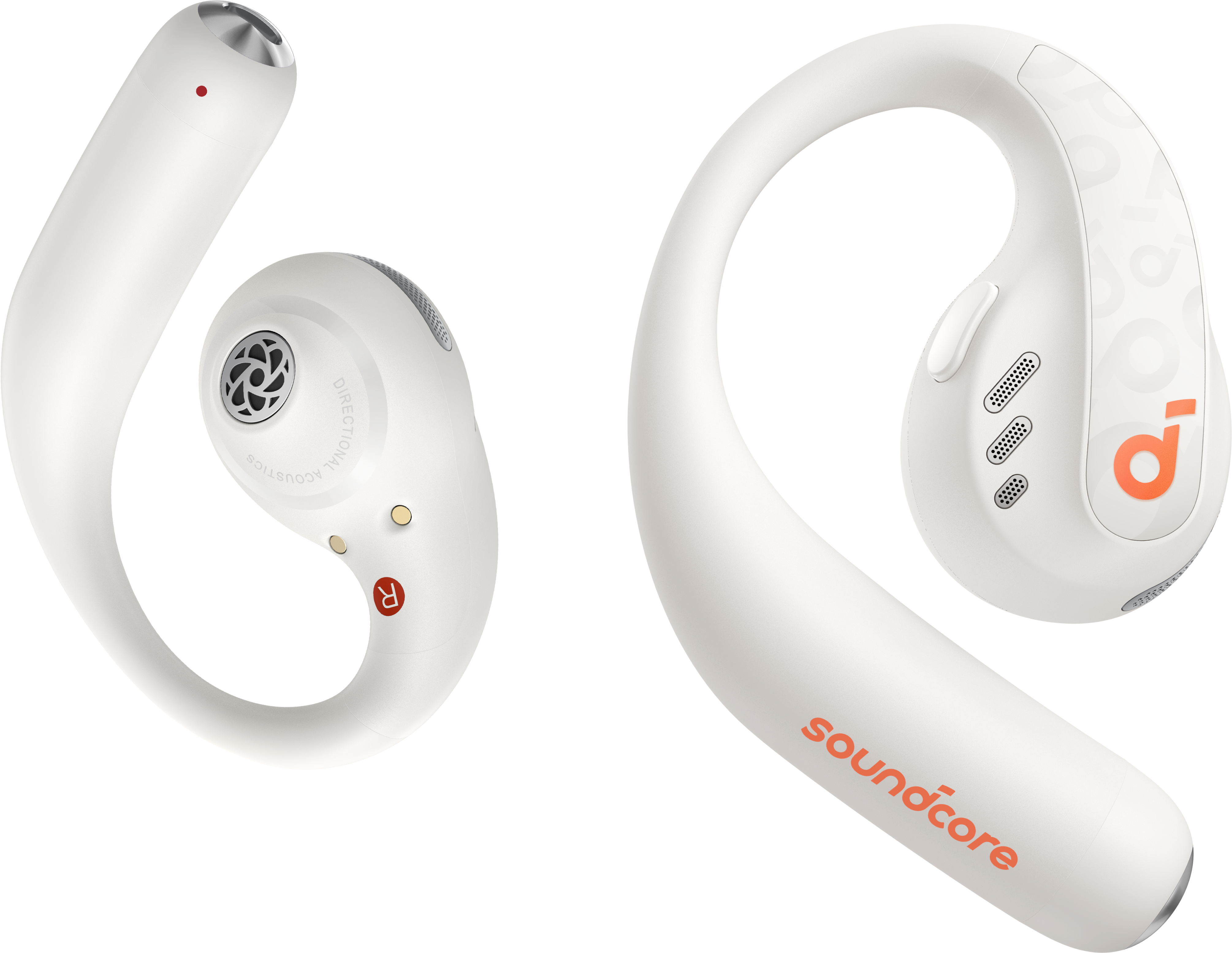 Weiße und orangefarbene Soundcore-Wireless-Ohrhörer. Einer ist offen, Details zeigend. Der andere ist geschlossen.