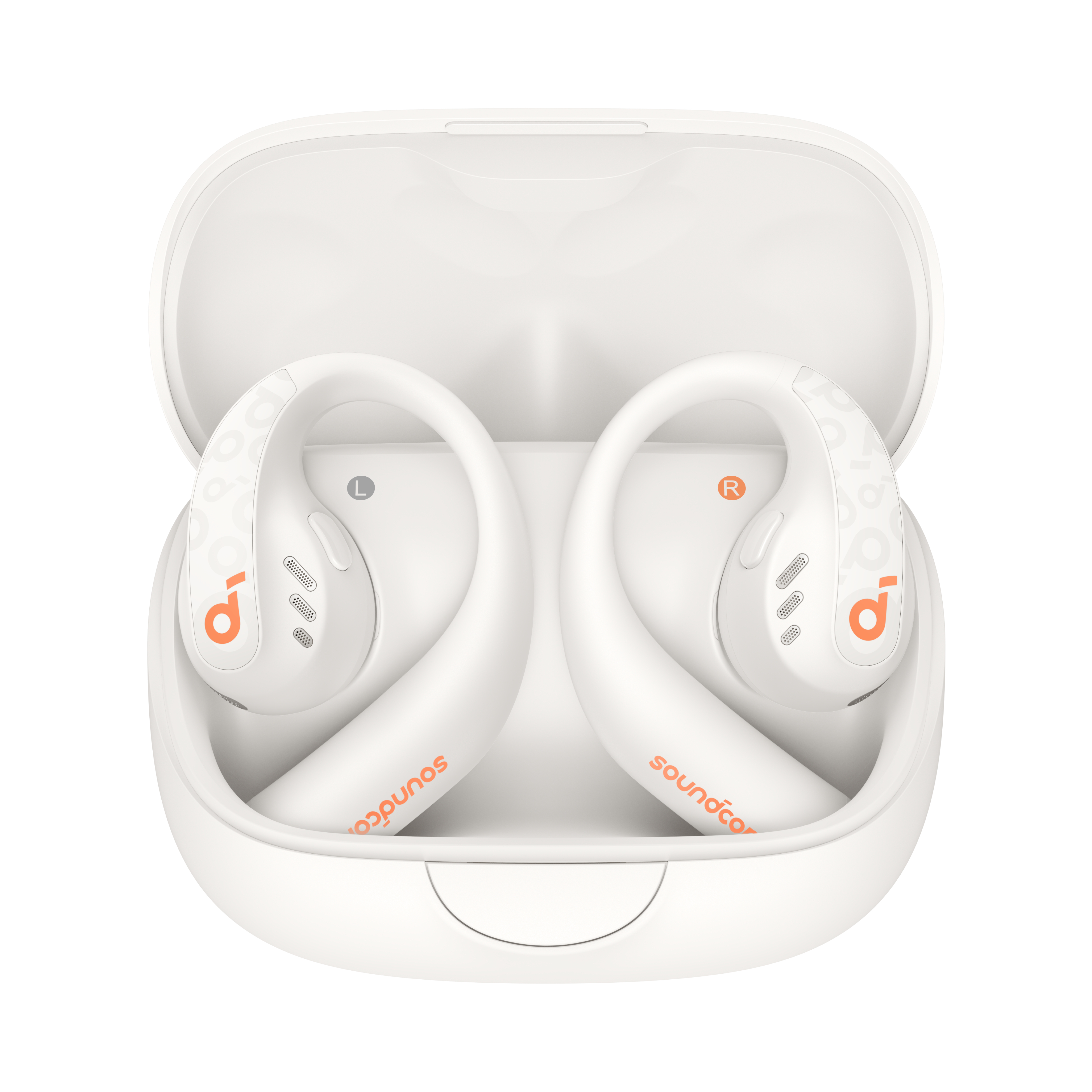 Weiße Soundcore-Ohrhörer in einem Etui, mit orangefarbenem Logo und Akzenten.