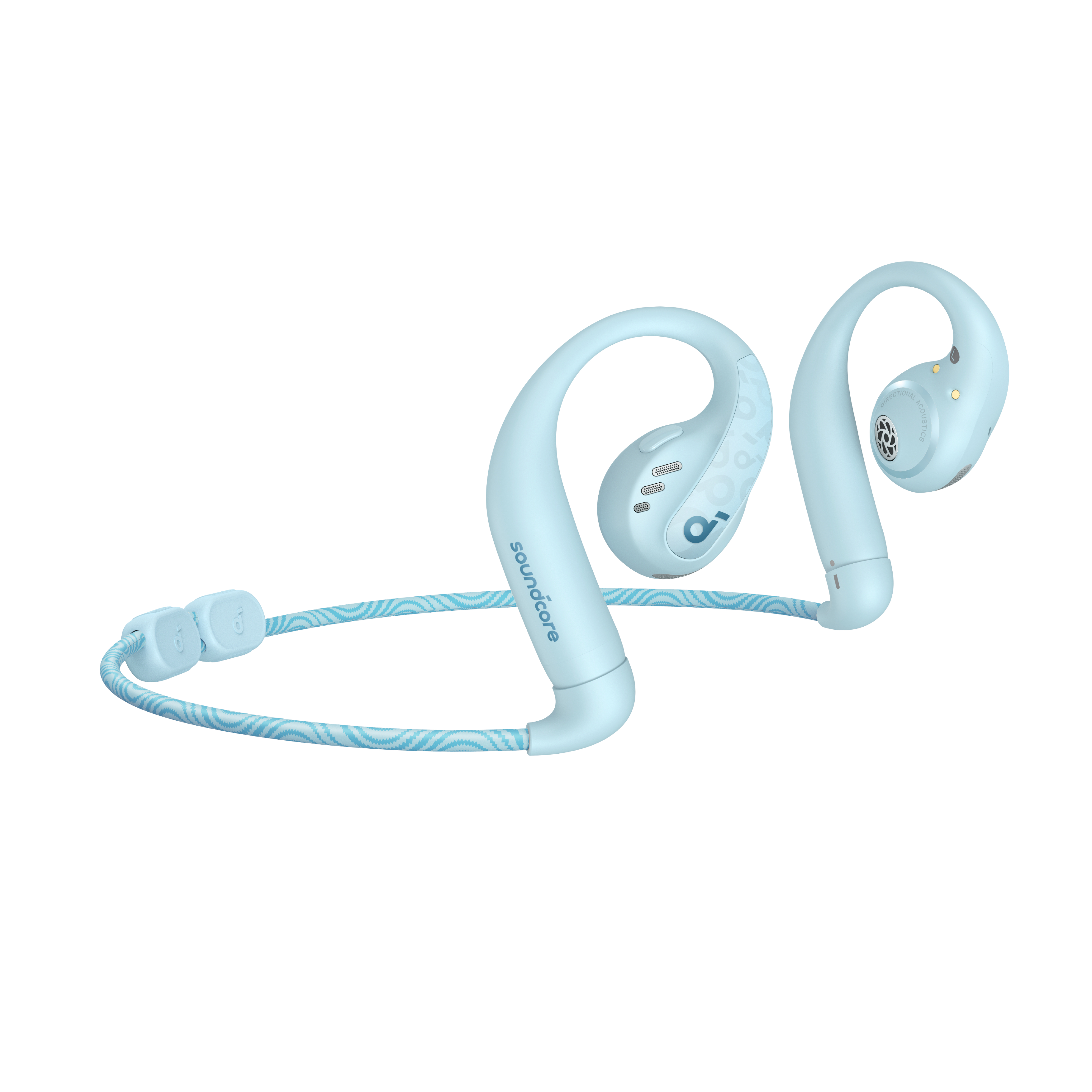 Blaue kabellose Ohrhörer mit Nackenband und blau-weiß geflochtenem Kabel.