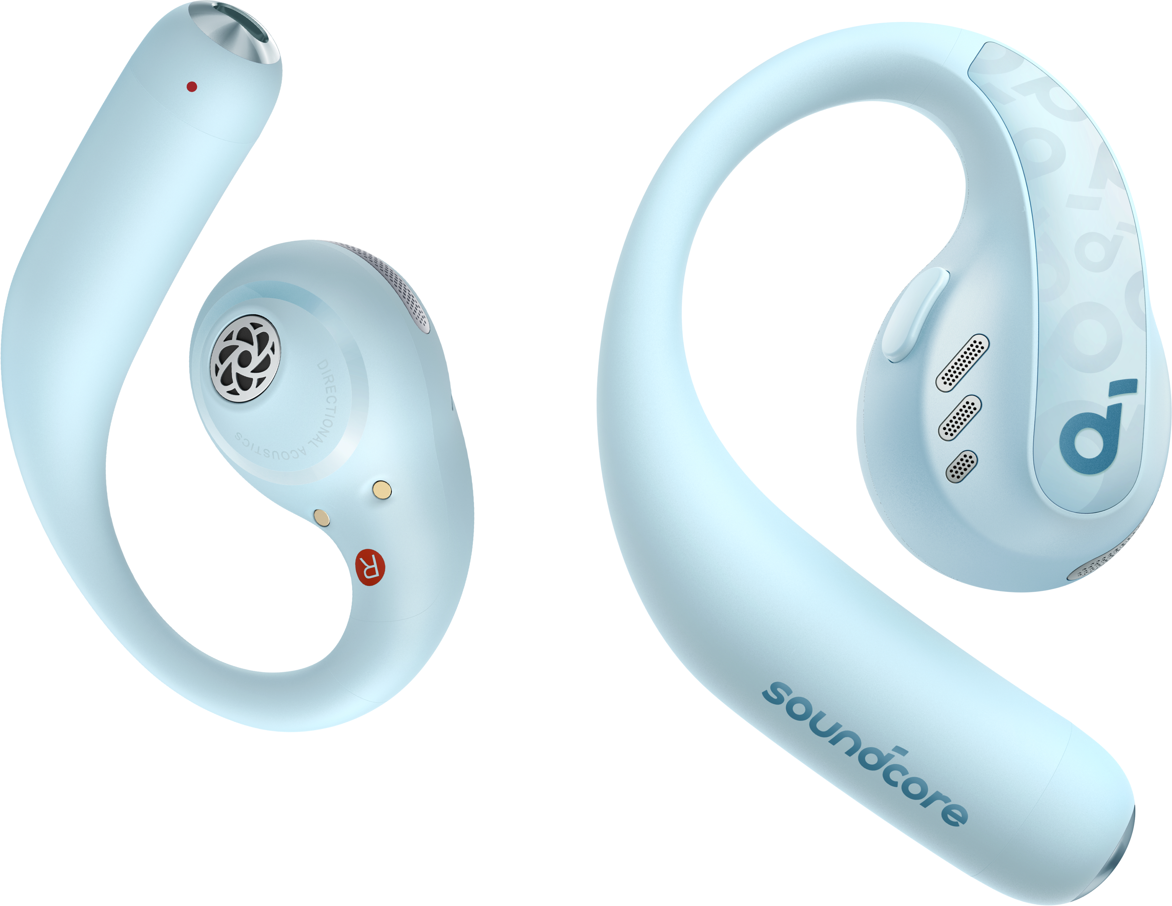 Hellblaue Soundcore-Ohrhörer mit Haken-Design, mit Markennamen und Text für gerichtetes Audio.