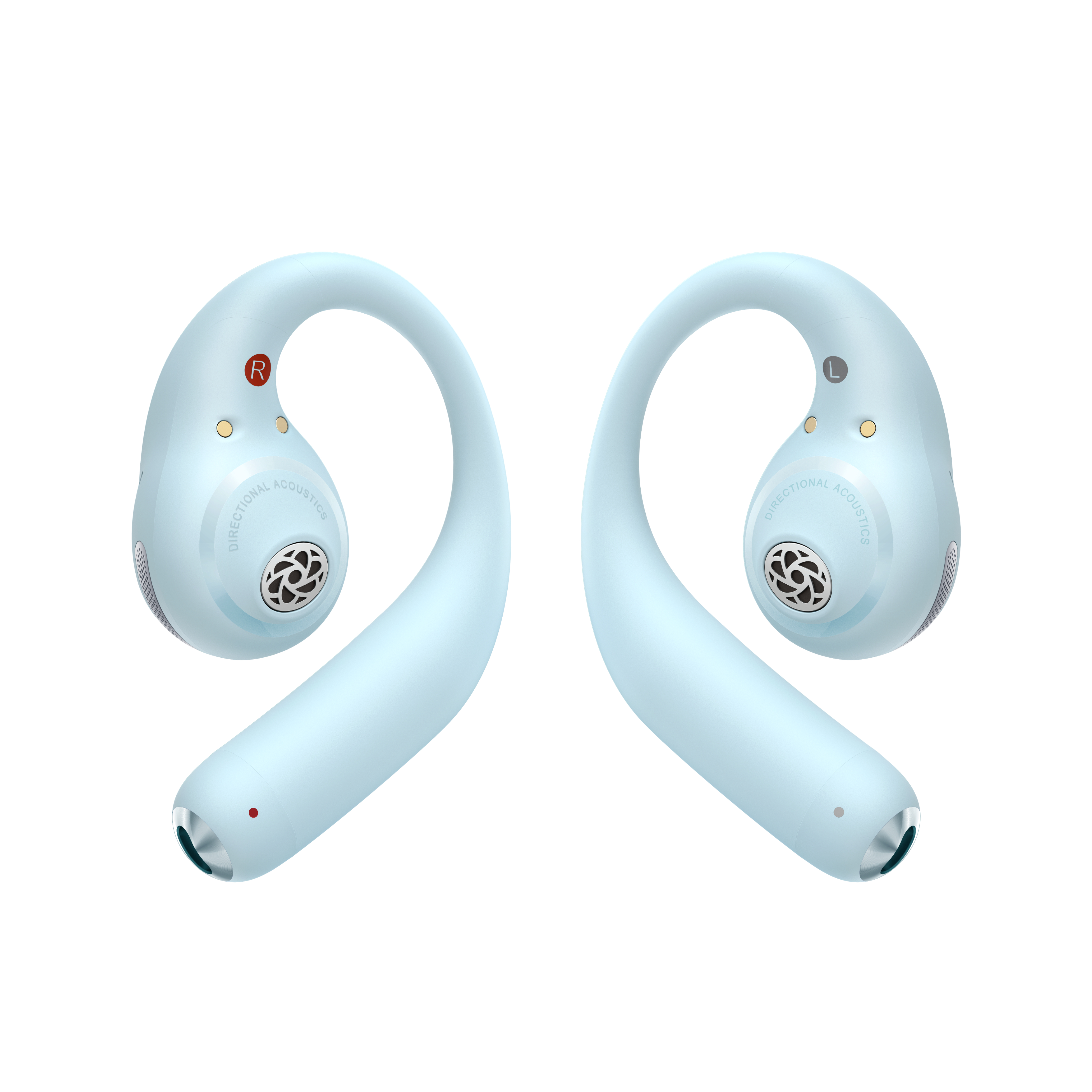 Zwei hellblaue kabellose Ohrhörer, jeweils mit gebogenem Design und sichtbarem Directional Acoustics-Branding.