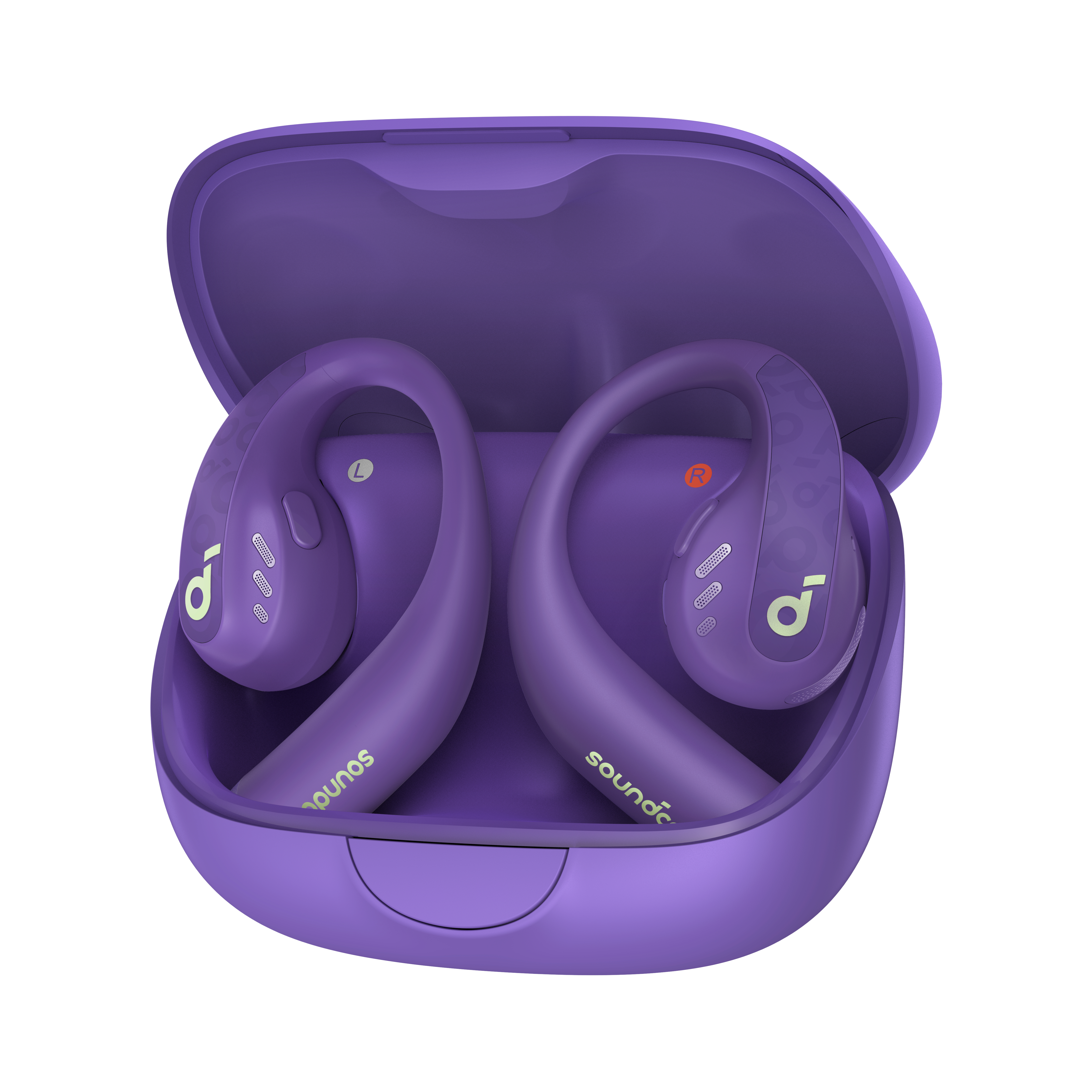 Violette kabellose Ohrhörer in einer passenden Hülle, mit 'soundcore'-Logo.