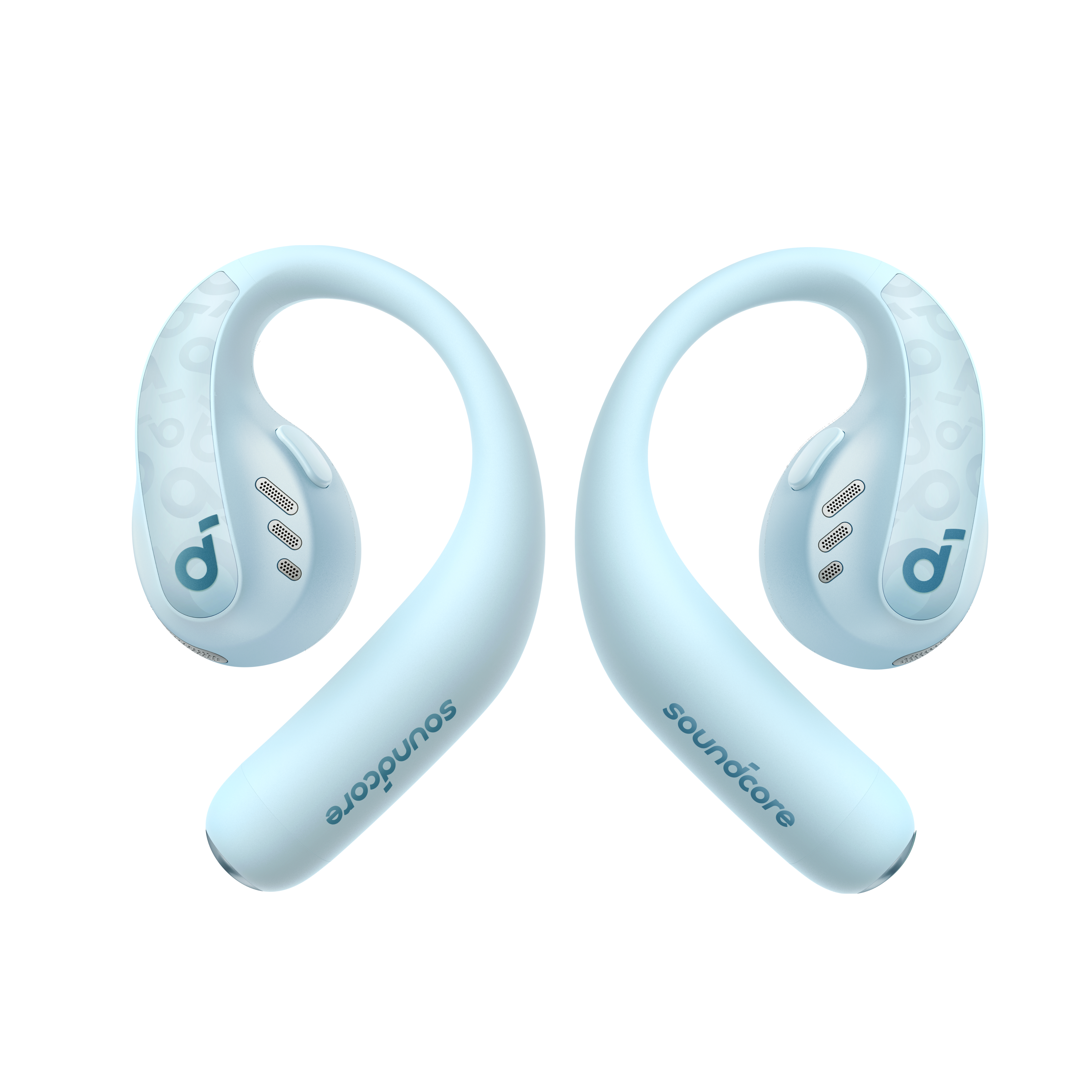 Zwei blaue Ohrhörer mit Haken-Design, das Wort soundcore ist darauf geschrieben.
