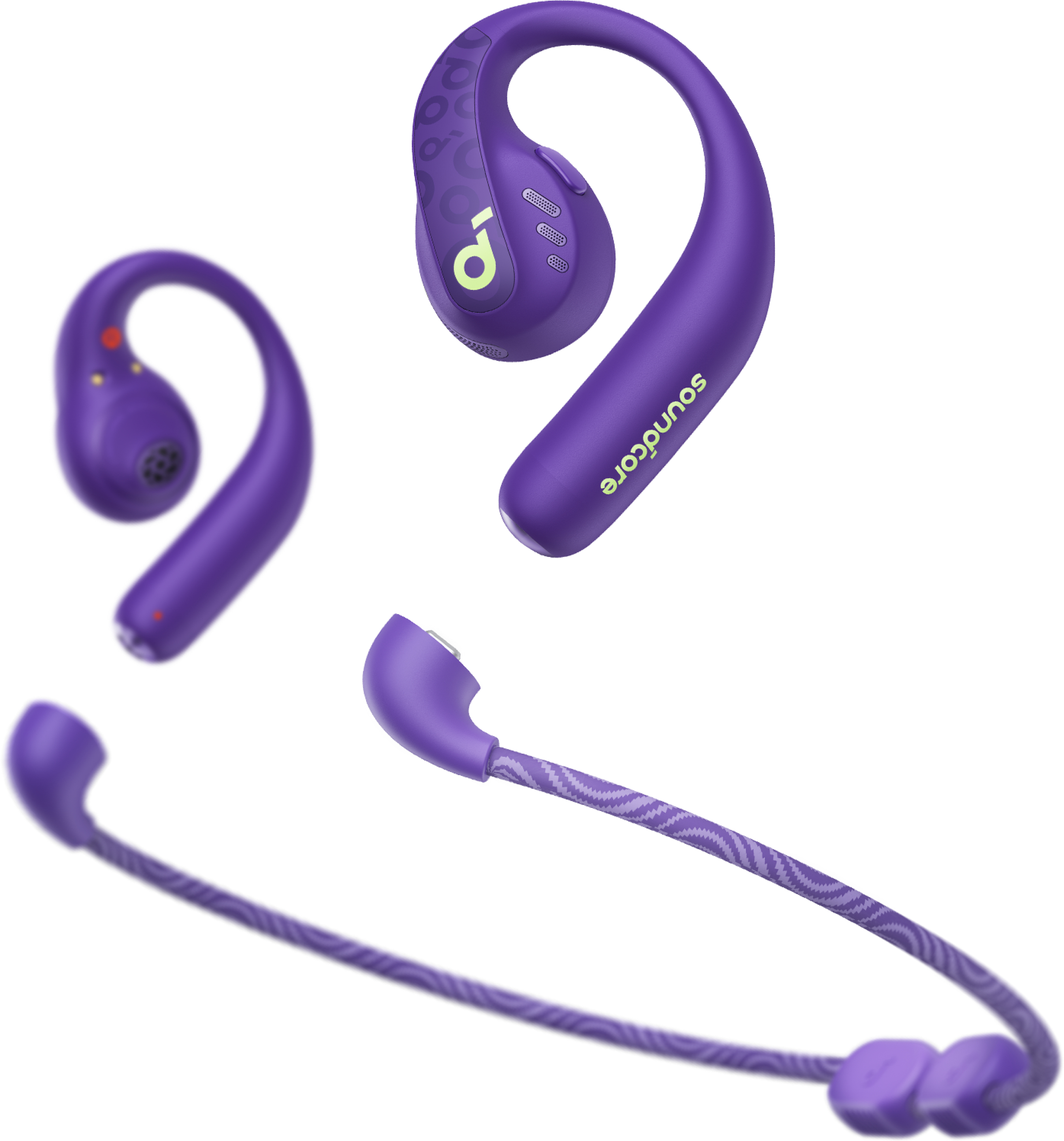 Violette Sport-Ohrhörer mit einzigartigem Design, einschließlich Mikrofon und Kabel, vor weißem Hintergrund.