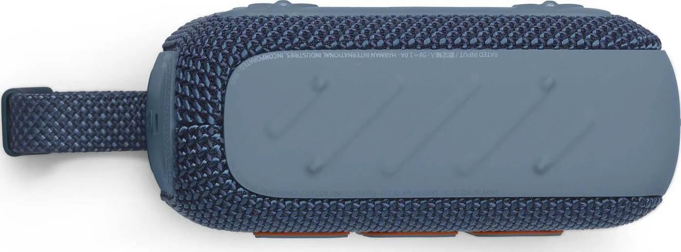 Niebiesko-szary głośnik z paskiem, widoczne informacje o marce.