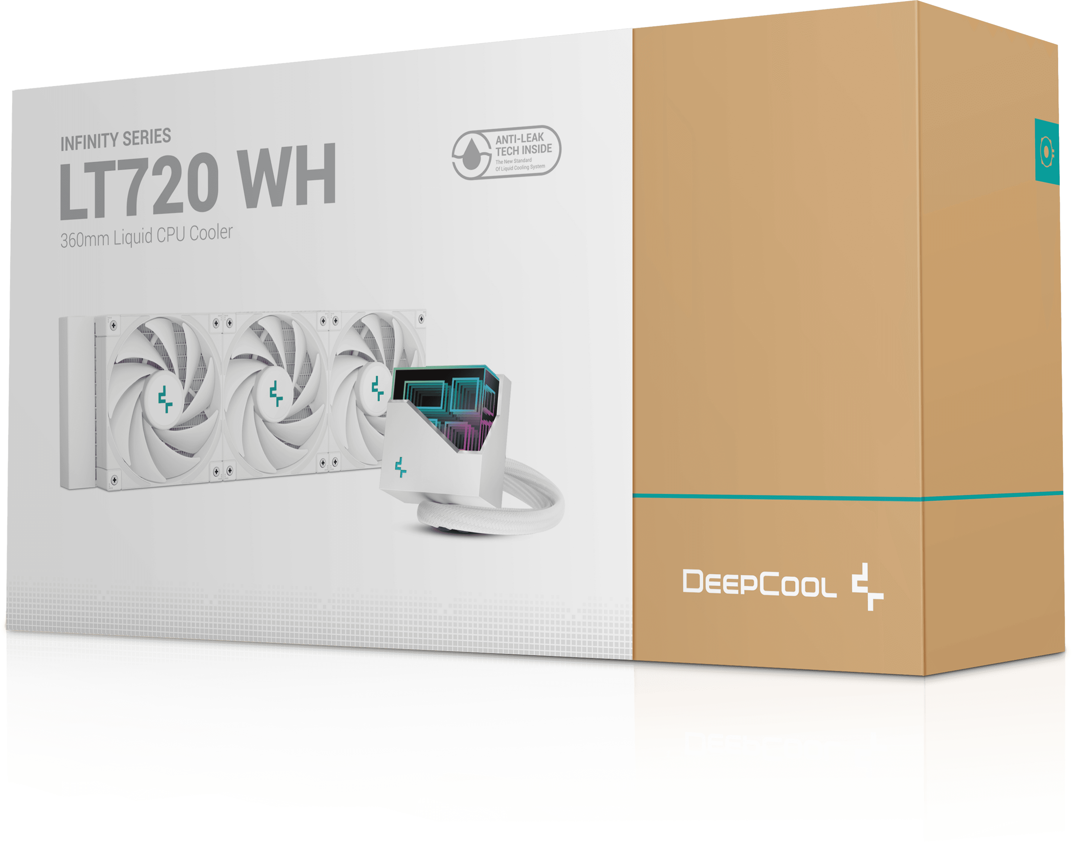 Fehér doboz CPU-hűtővel. A hűtők és a ventilátorok fehérek. Barna doboz a háttérben.