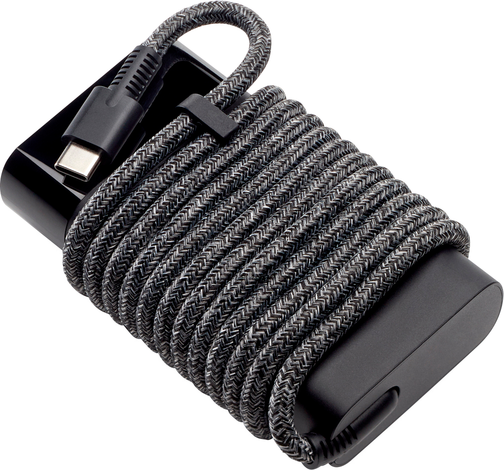 A black phone charger with a gray braided cable on a white background.