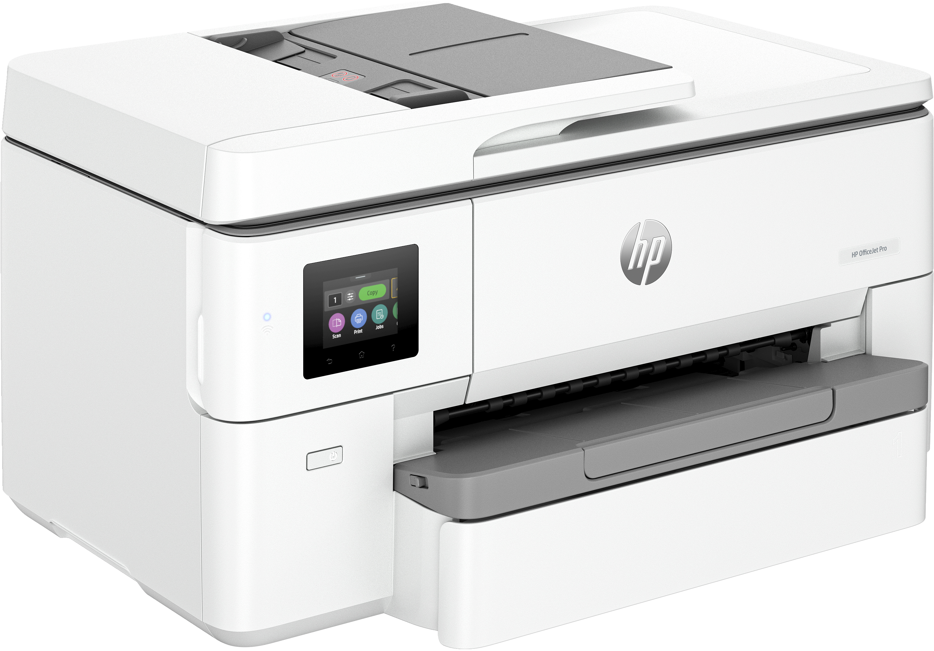 Stampante HP bianca, con touchscreen e vassoio di uscita grigio.