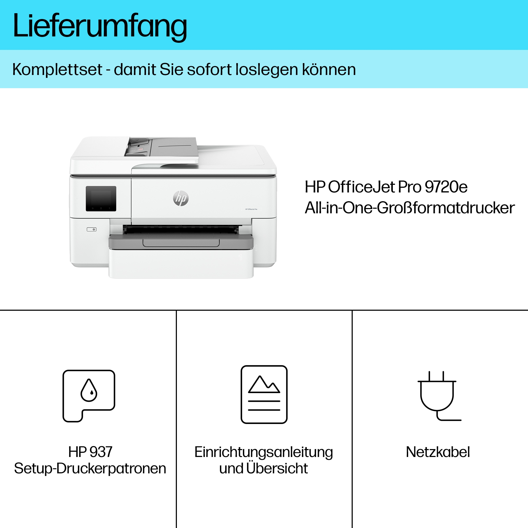 Stampante HP OfficeJet Pro 9720e bianca con cartucce di configurazione e cavo di alimentazione.