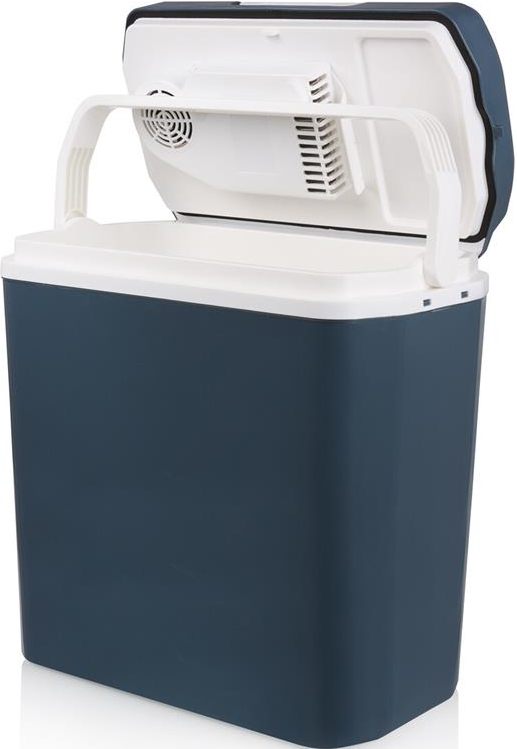 Frigorifero portatile blu e bianco con coperchio aperto.