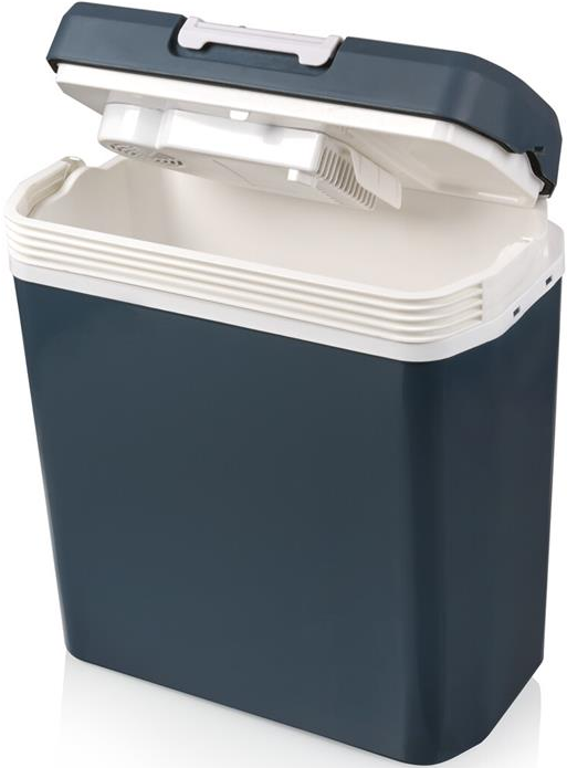 Contenitore frigo blu aperto con interno e coperchio bianchi.