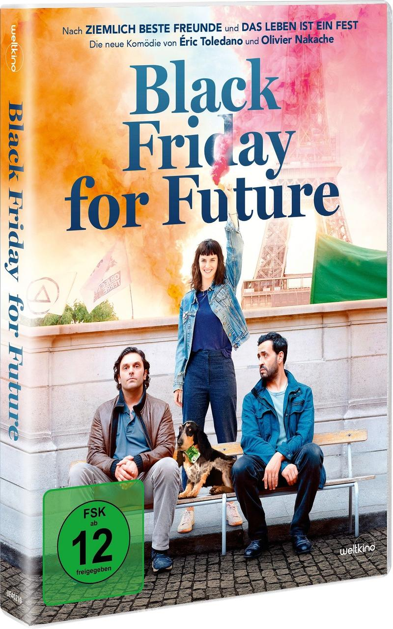 Filmcover mit drei Personen, einem Hund und einem Stadtbild. Text lautet „Black Friday for Future“.