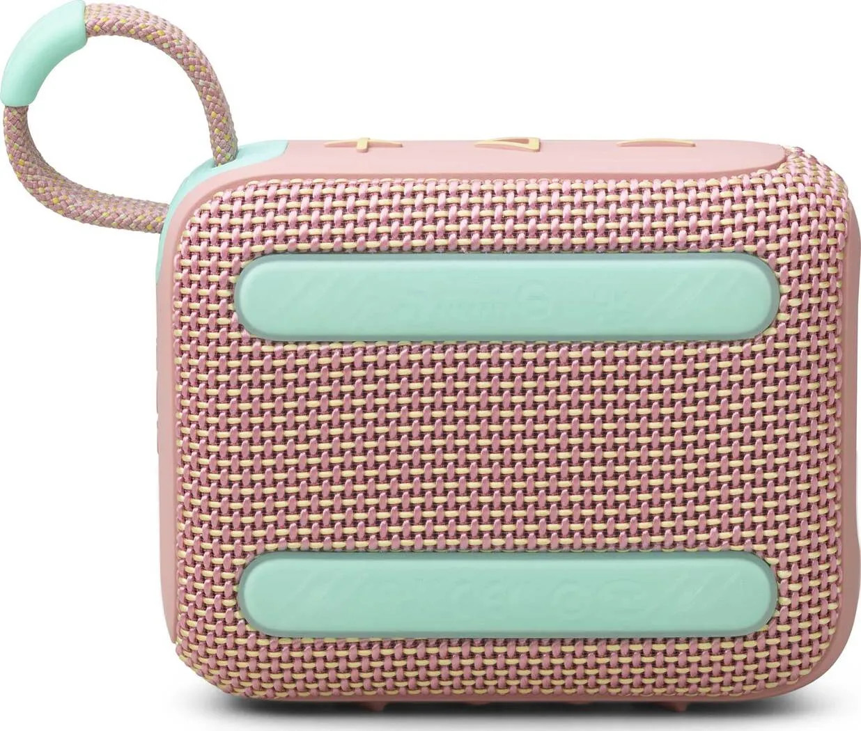 Różowy i miętowy głośnik z tkanym wzorem i uchwytem do przenoszenia.