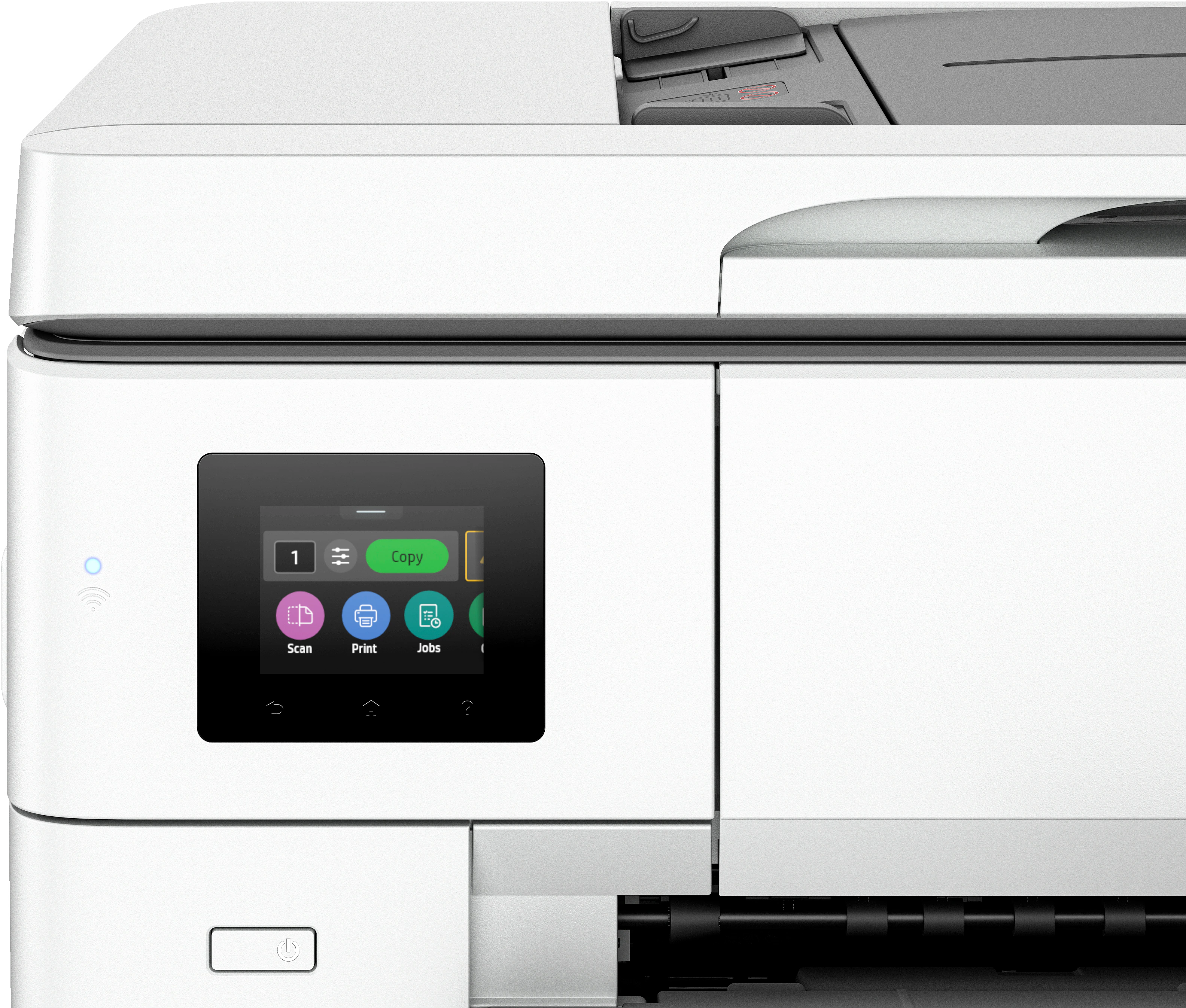 Una stampante HP bianca, con touchscreen e pulsanti di controllo sul lato e sulla parte superiore.