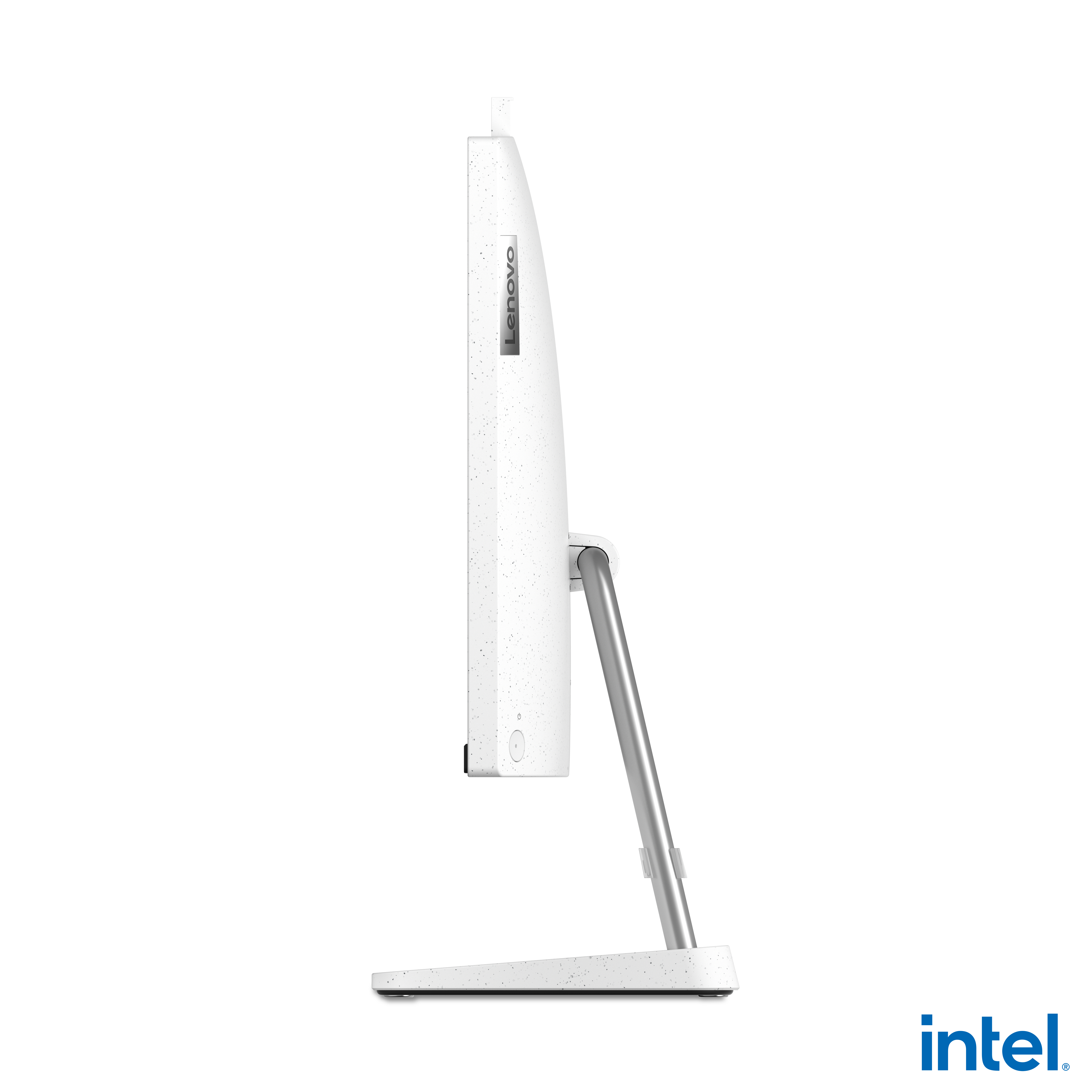 Beyaz Lenovo bilgisayar monitörü, yan görünüm. Gümüş bir stand üzerinde, siyah bir arka plan ile.