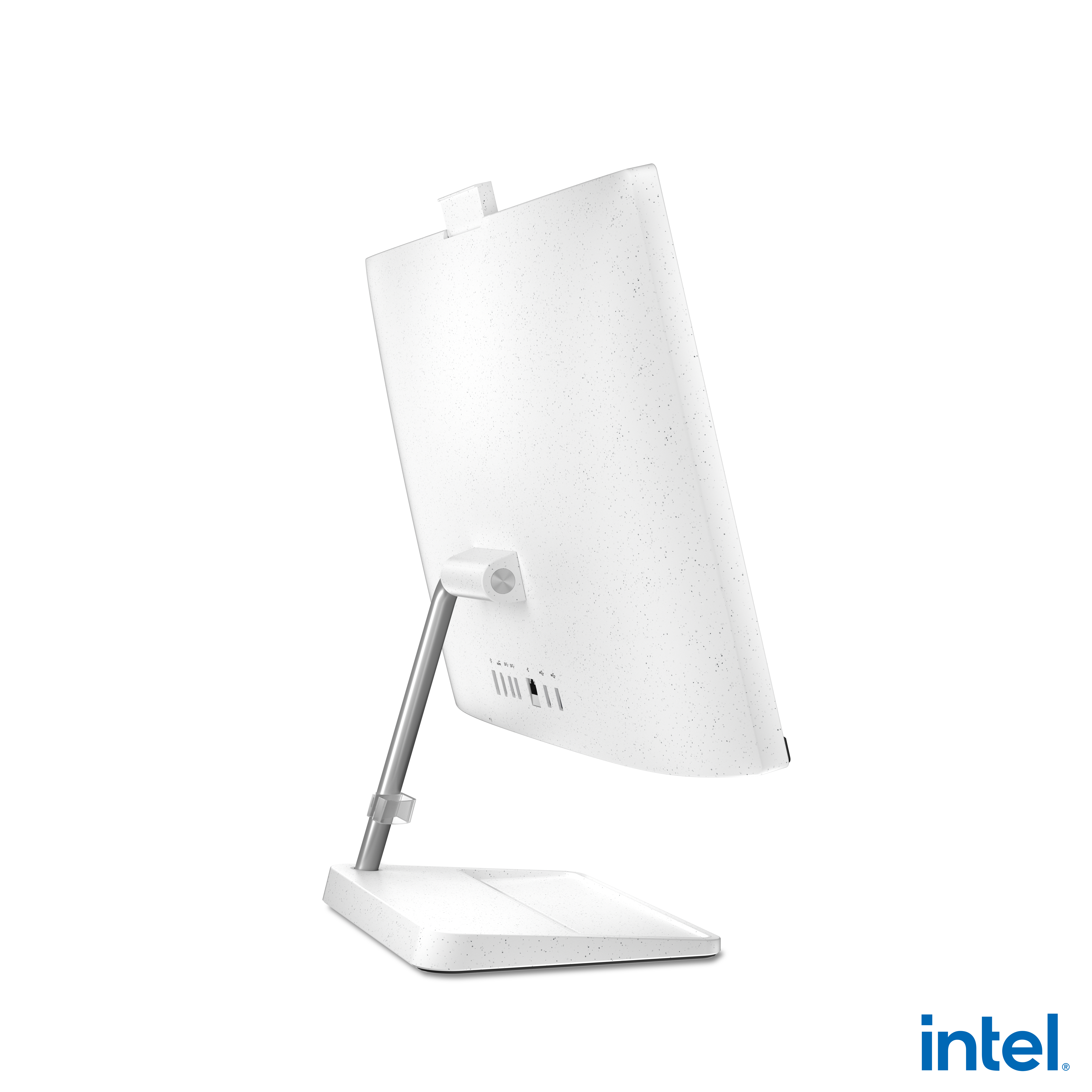 Yan taraftan beyaz bir bilgisayar monitörü. Küçük bir ekranı ve bir standı var. Intel logosu görünür.