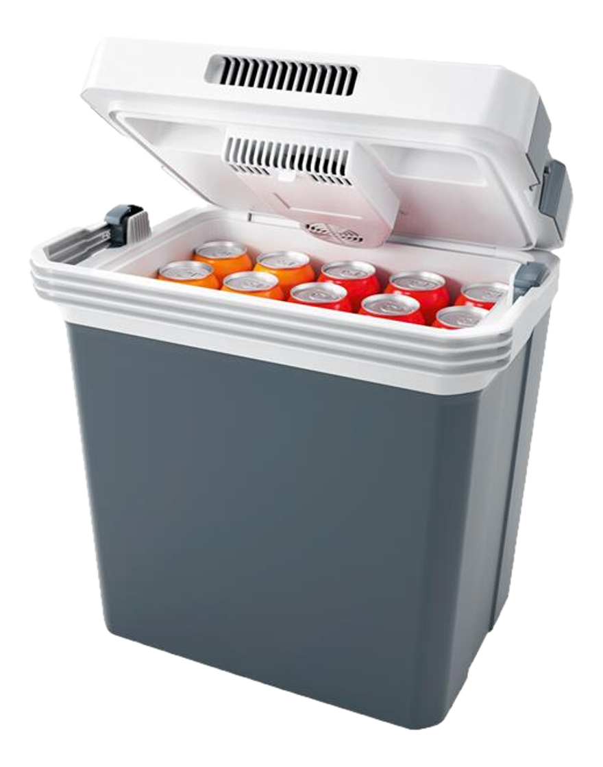 Eine tragbare Kühlbox mit Limonadenbüchsen darin.