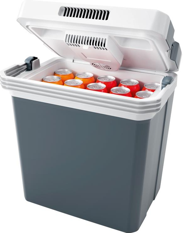 Eine Kühlbox mit einigen orangen und roten Dosen darin. Die Oberseite ist offen. Die Kühlbox ist grau mit weißen Details.