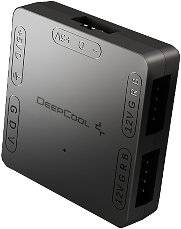 Fekete DeepCool RGB vezérlő, csatlakozókkal és feliratokkal.