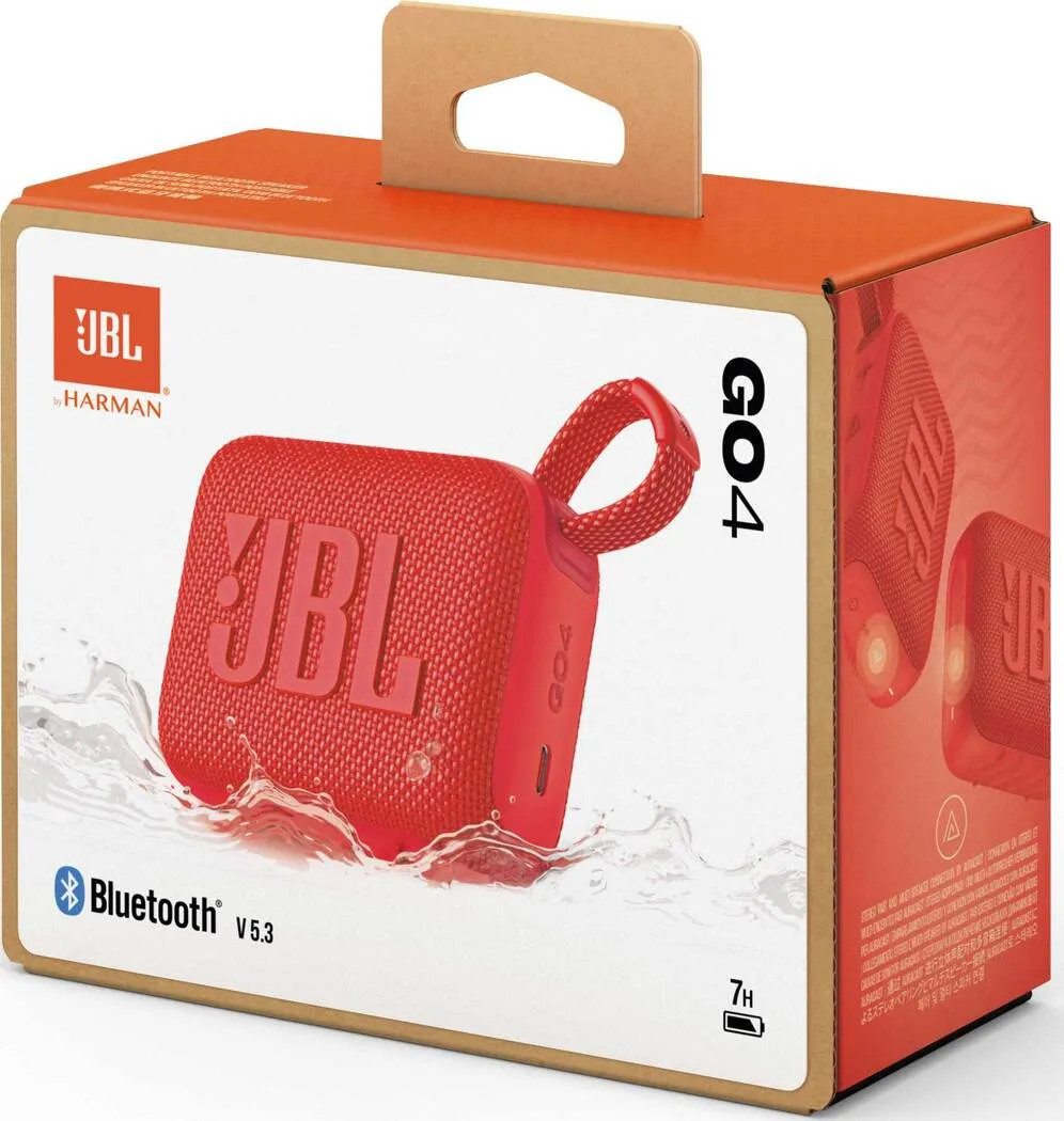 Czerwone pudełko głośnika JBL Go4 z uchwytem, z logo marki i informacjami Bluetooth.