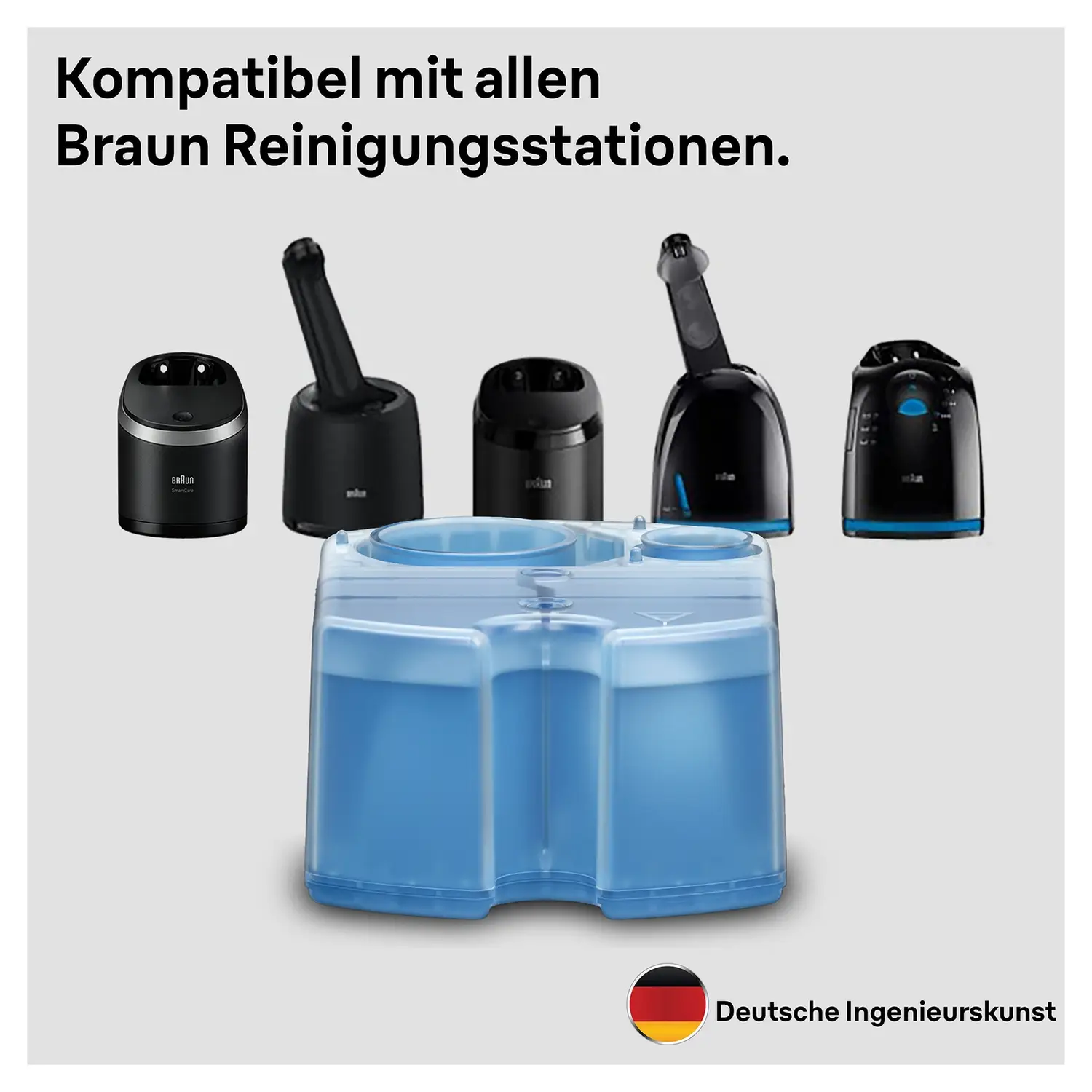 Stations de nettoyage et une cartouche bleue avec le texte "Deutsche Ingenieurskunst".
