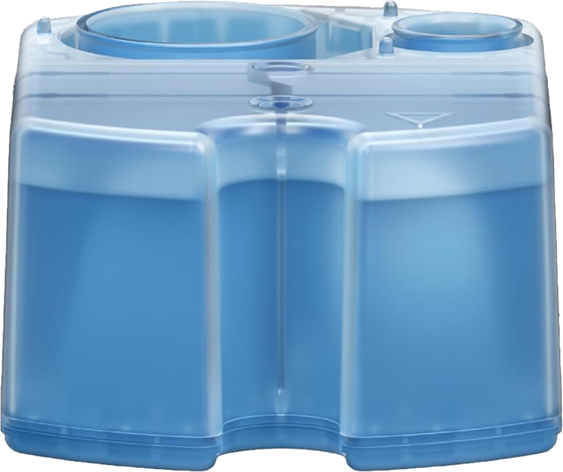 Un contenitore di plastica blu con sezioni riempite con un liquido blu, visto da vicino.