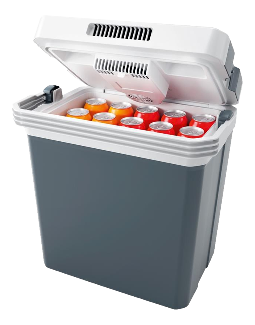 Eine graue tragbare Kühlbox mit geöffnetem weißem Deckel, in der sich Getränkedosen befinden.