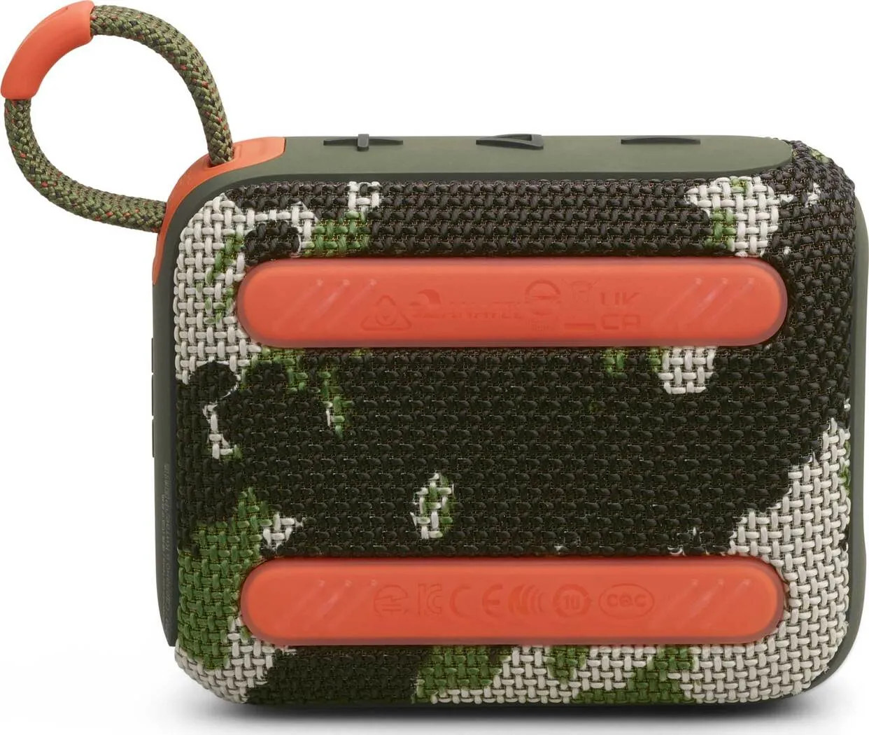 Mały głośnik w kamuflażu z pomarańczowymi akcentami.