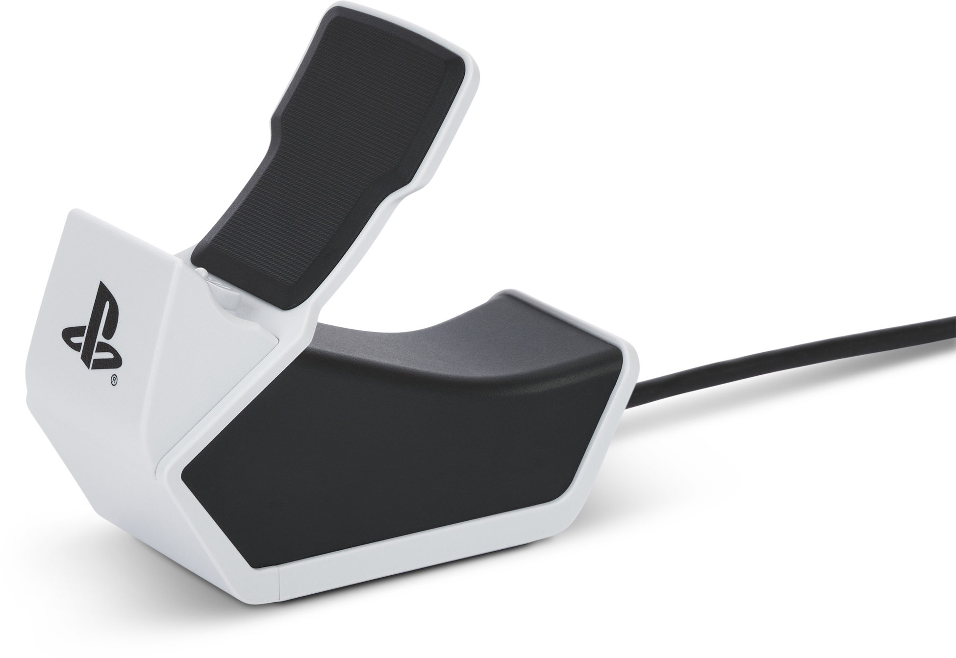 Fehér-fekete PlayStation töltőállomás logóval és kábellel.