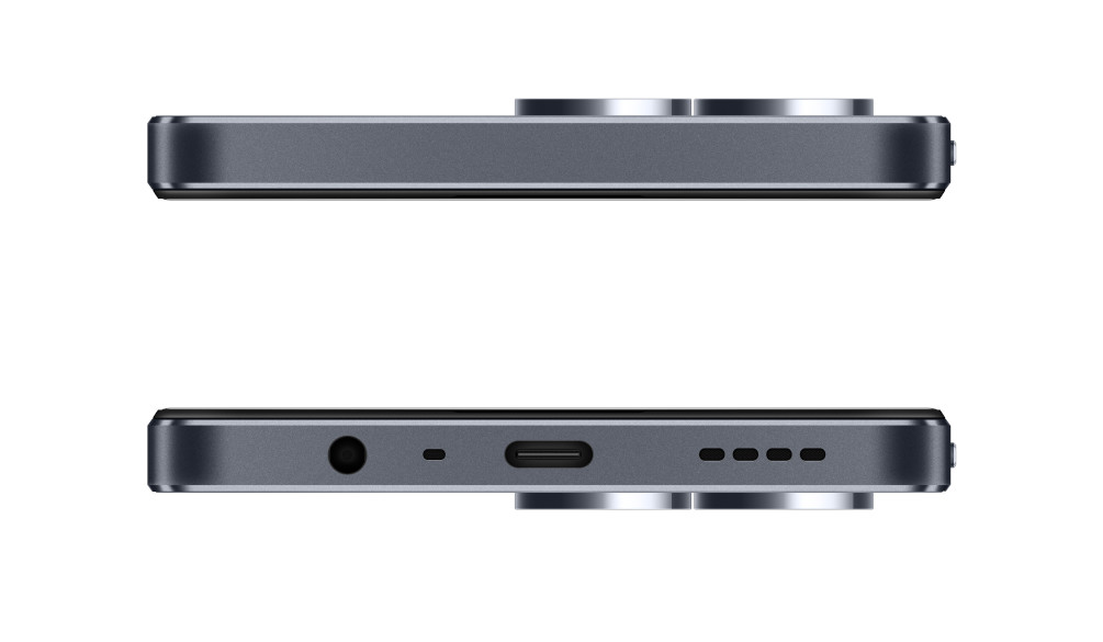 Dwa widoki z boku ciemnoszarego smartfona. Tło jest białe.