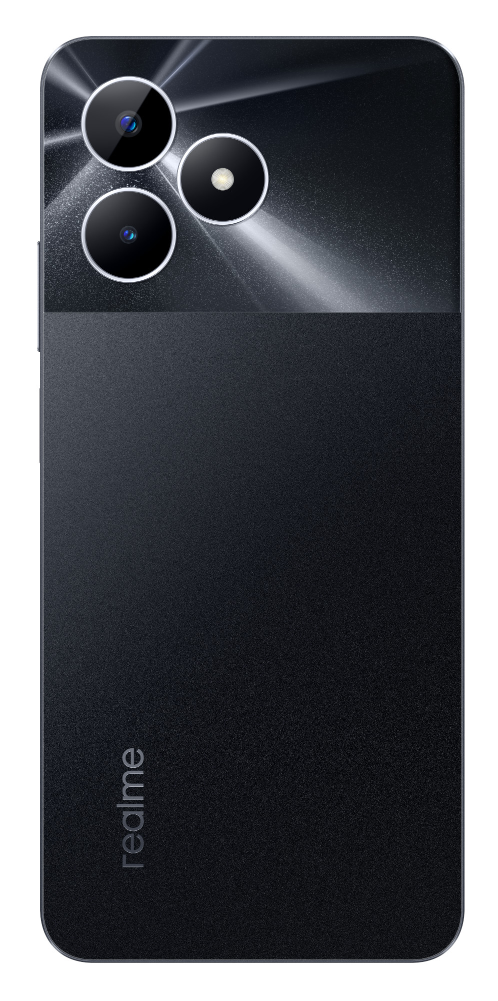 Czarny smartfon, widok z tyłu. Widoczne trzy obiektywy aparatu i logo Realme.