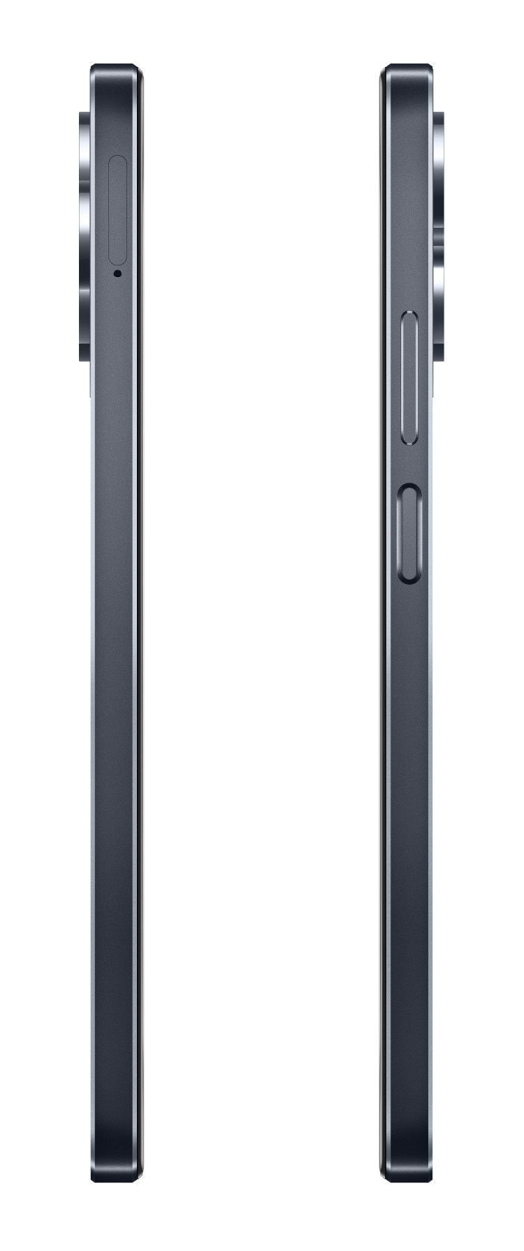Dwa widoki boczne telefonu pokazujące aparat, przyciski głośności i zasilania. Jest szary.