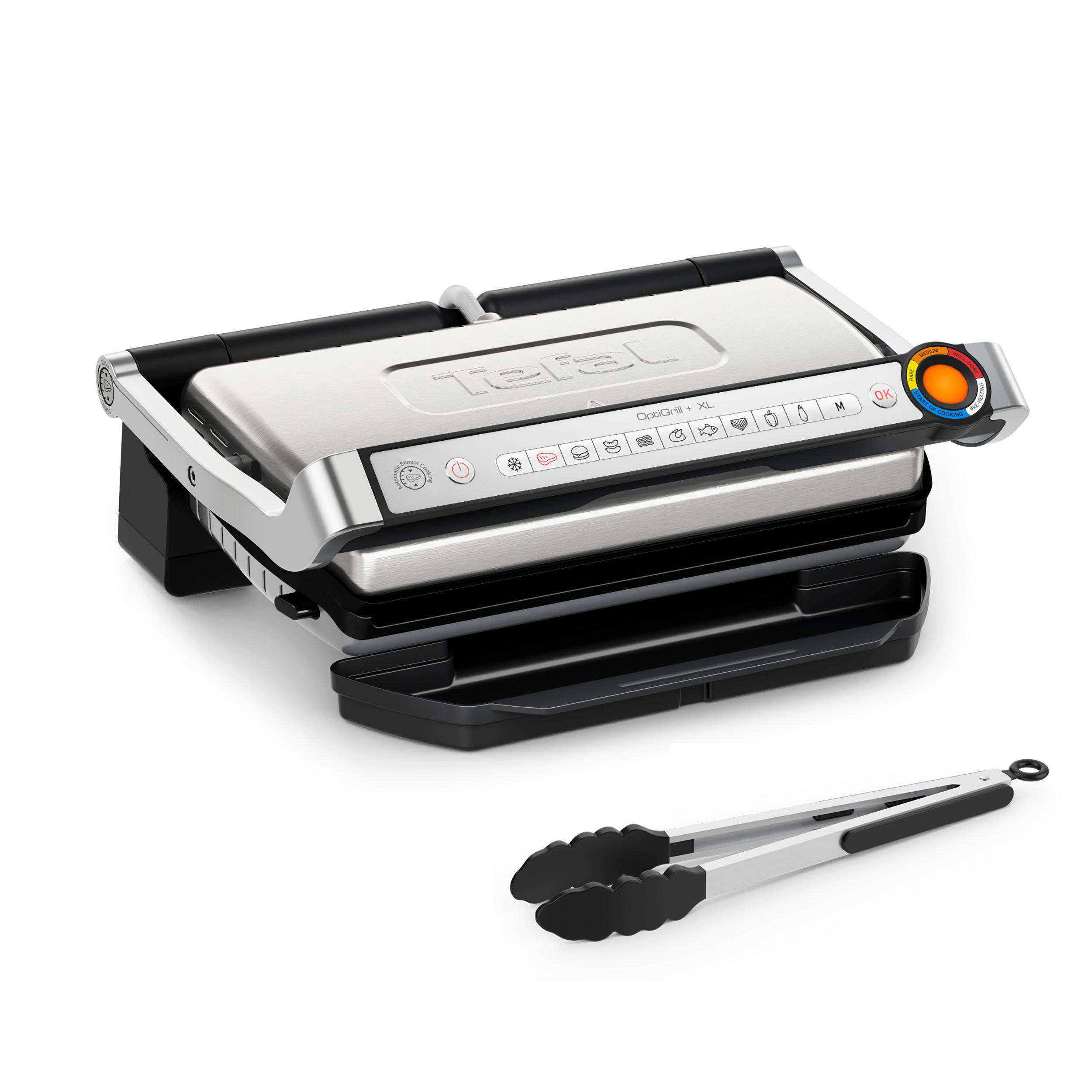 Tefal OptiGrill XL, offen, mit Zange. Der Grill ist silber und schwarz, die Zange ist silber und schwarz.