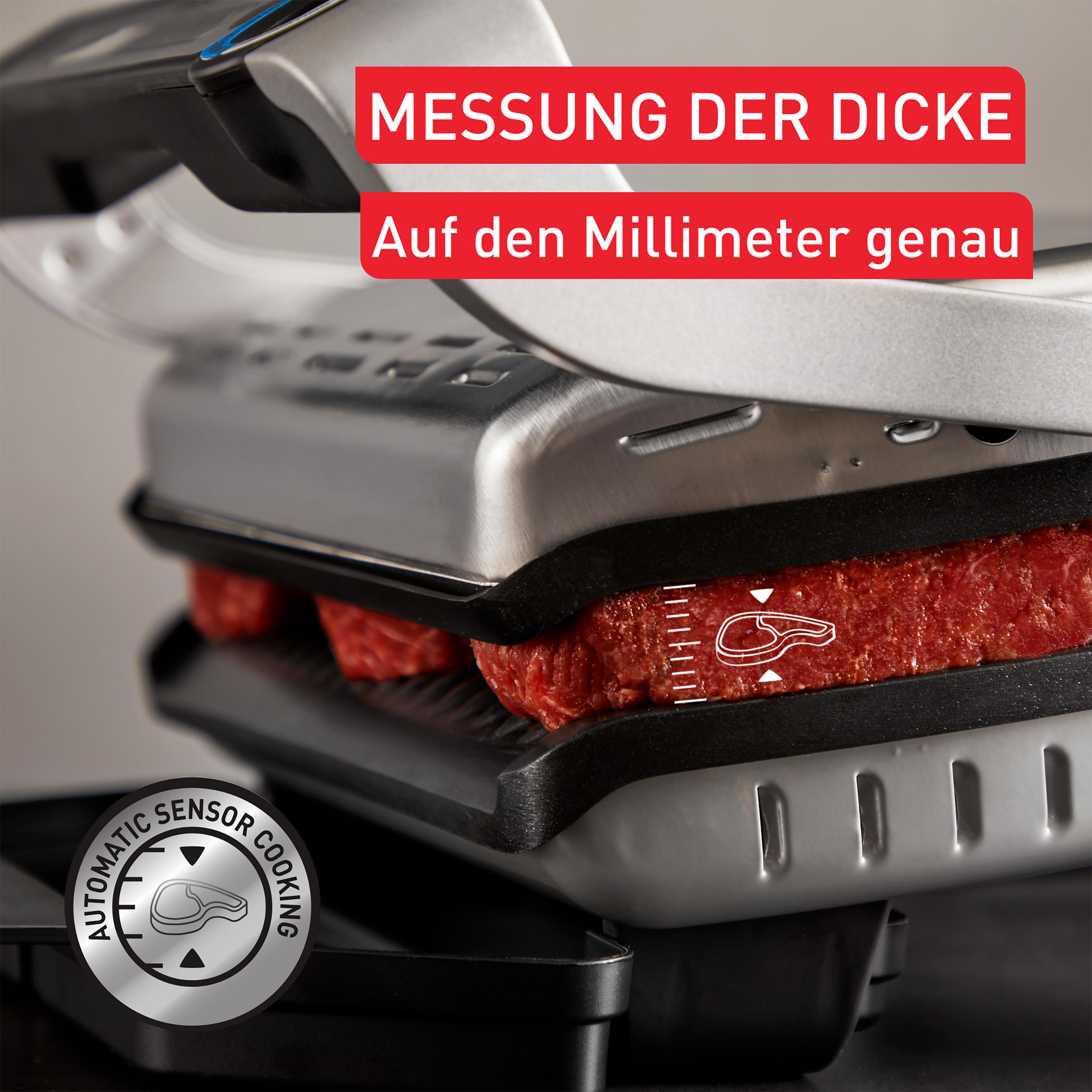 Grill mit Fleisch, Text 'Messung der Dicke'.
