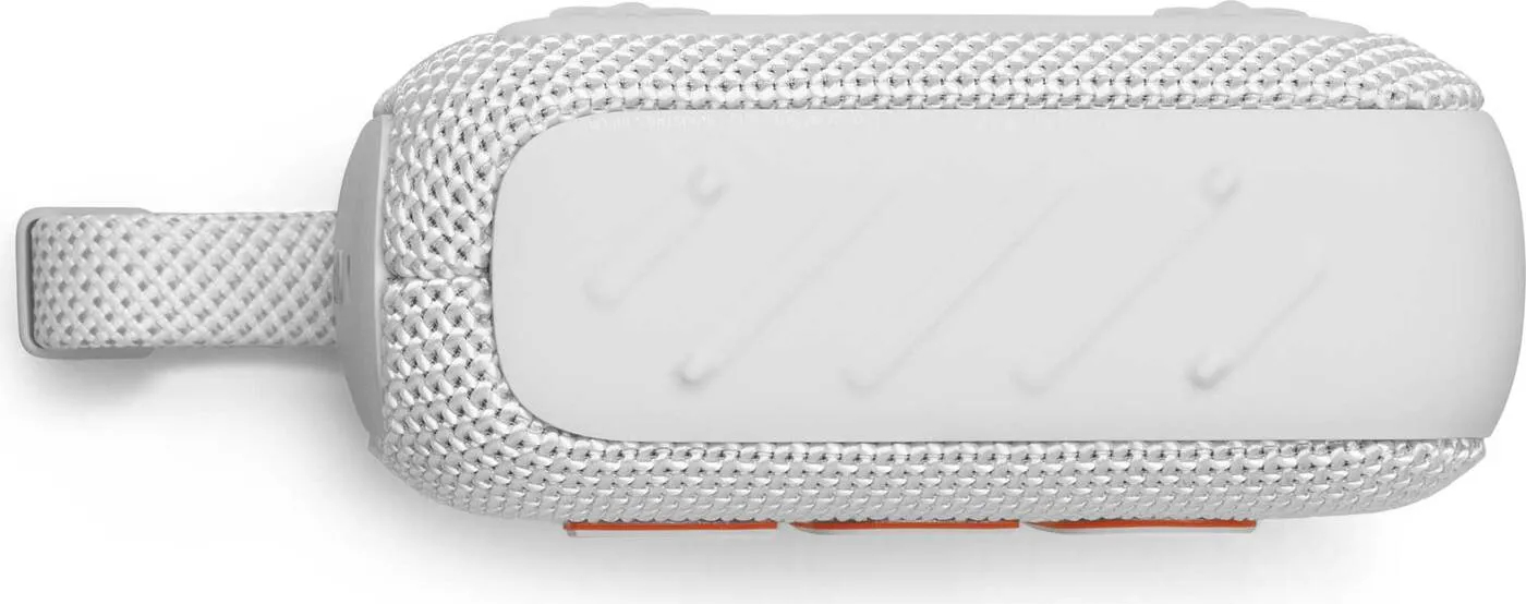 Biało-szary głośnik przenośny z białym paskiem. Głośnik na białym tle.