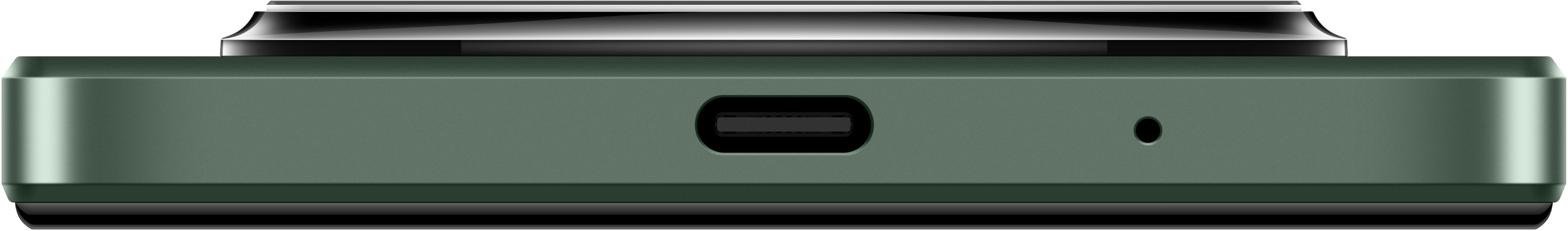 Zielone urządzenie z portem ładowania i małym otworem z boku.