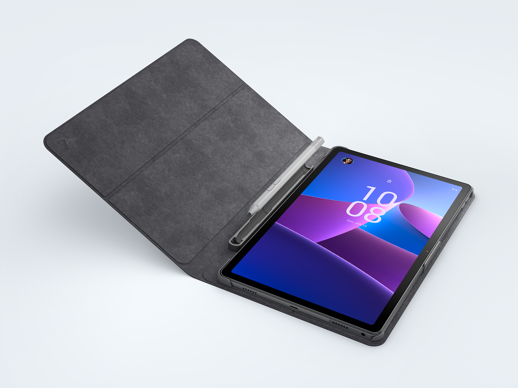 Kılıf içinde tablet, ekranı göstermek için açılmış. Kılıfın içinde bir kalem.