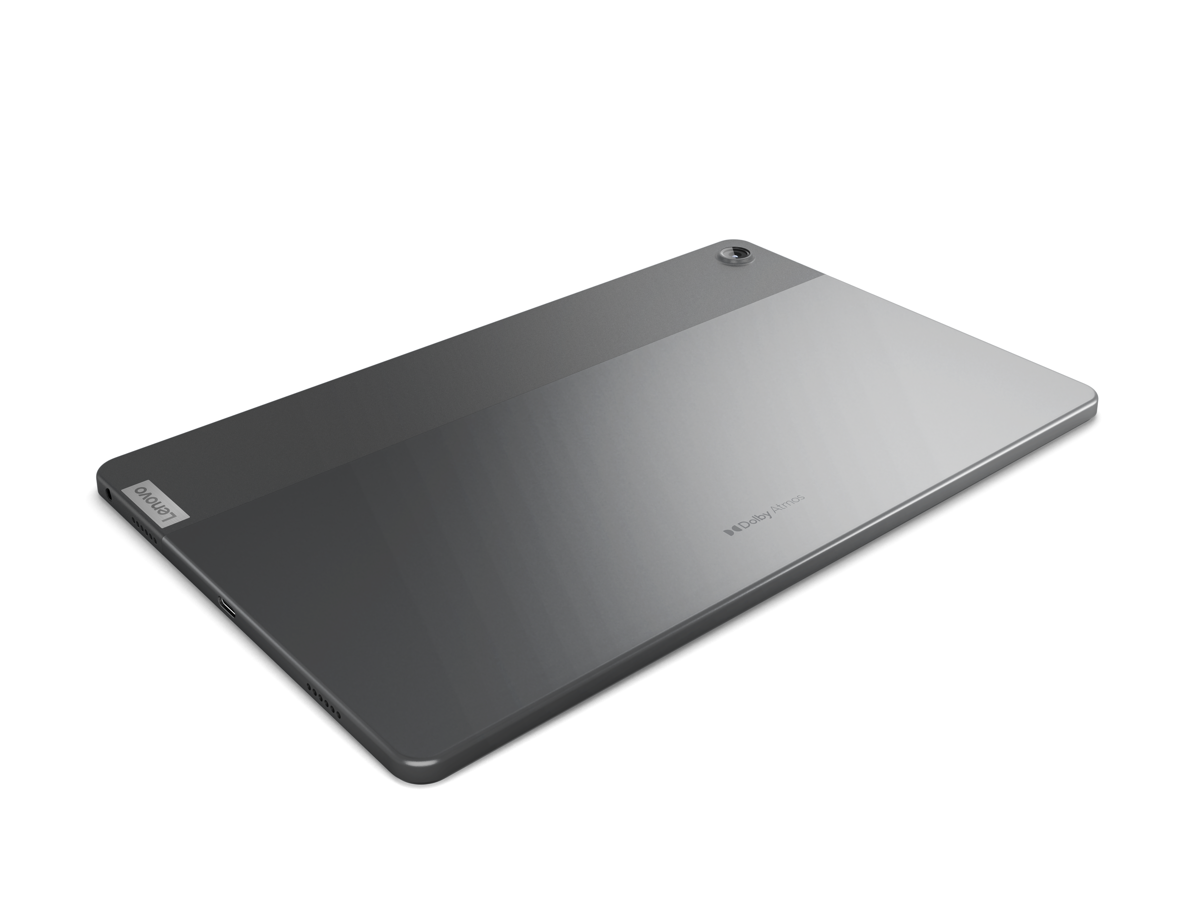 Gri renkte tabletin arkası, Lenovo logosu ve kamera ile. Siyah arka plan.
