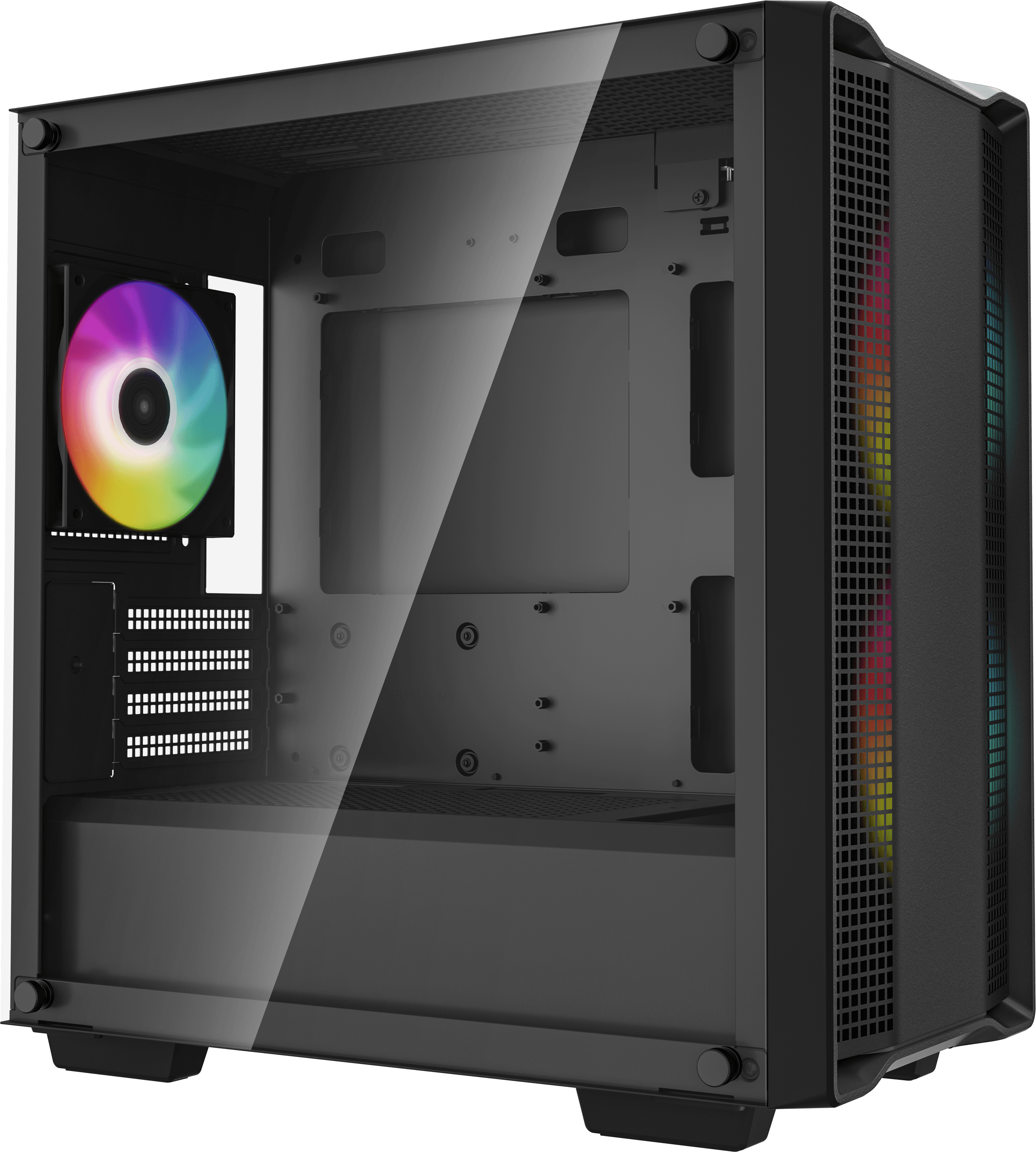 Fekete számítógépház üveg oldallal. Szivárvány ventilátor látható. Az oldalon háló és RGB-fények találhatók.