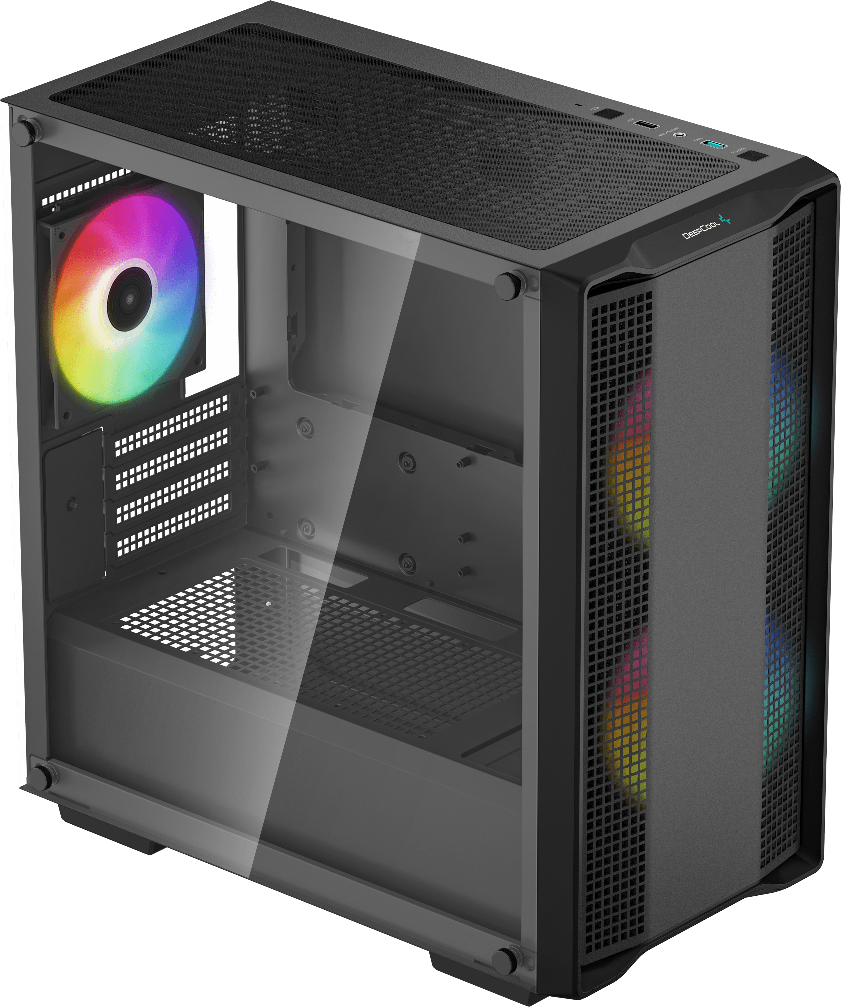 PC ház üvegpanellel. Van benne egy ventilátor színes fényekkel.