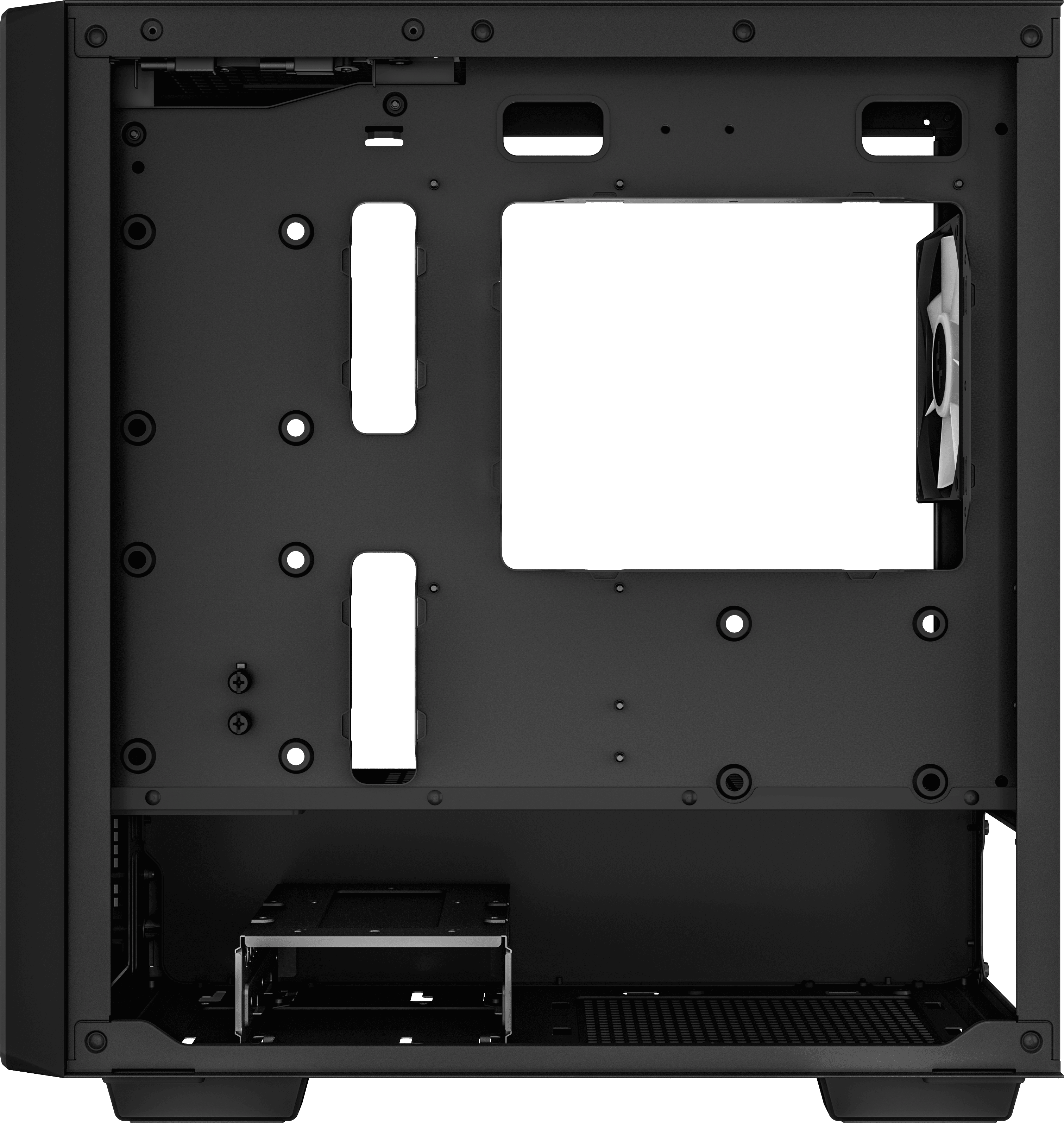 Üres PC-ház belseje. Fekete szín. Különböző nyílások és rögzítési pontok láthatók.