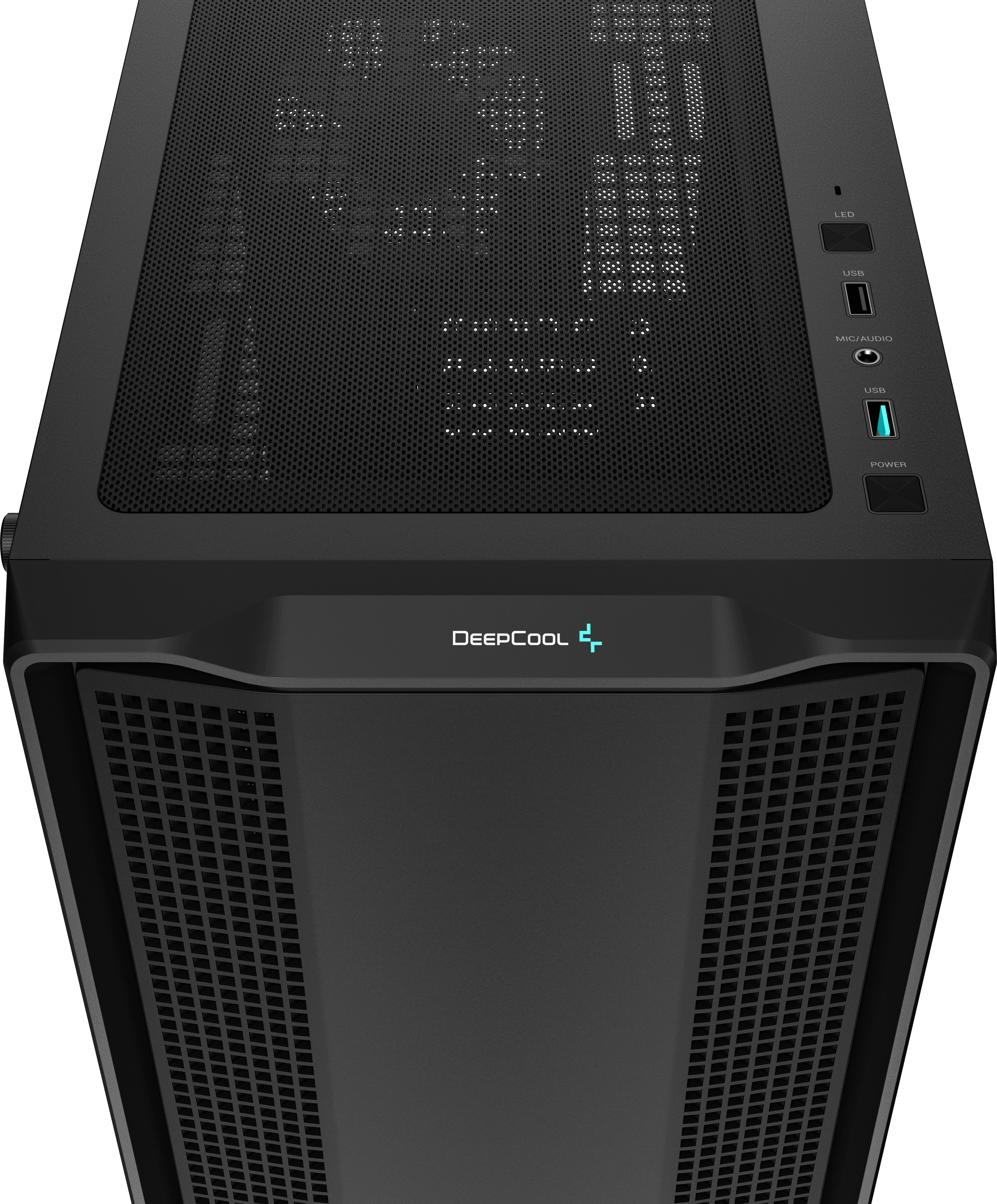 Fekete DeepCool számítógépház felülnézete, hálós előlappal és tetővel.