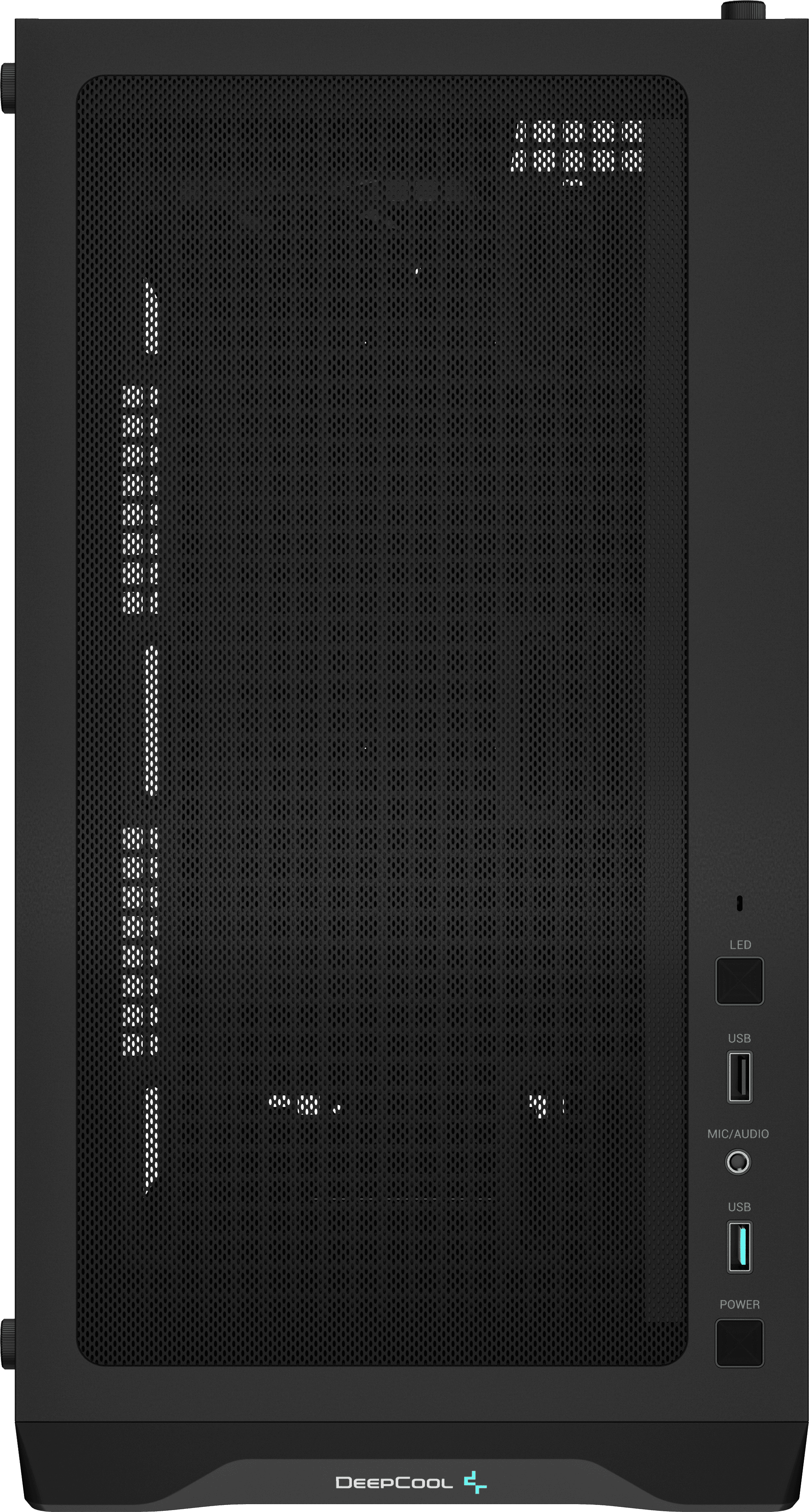 Fekete számítógép ház, hálós előlappal, gombokkal és DeepCool logóval.
